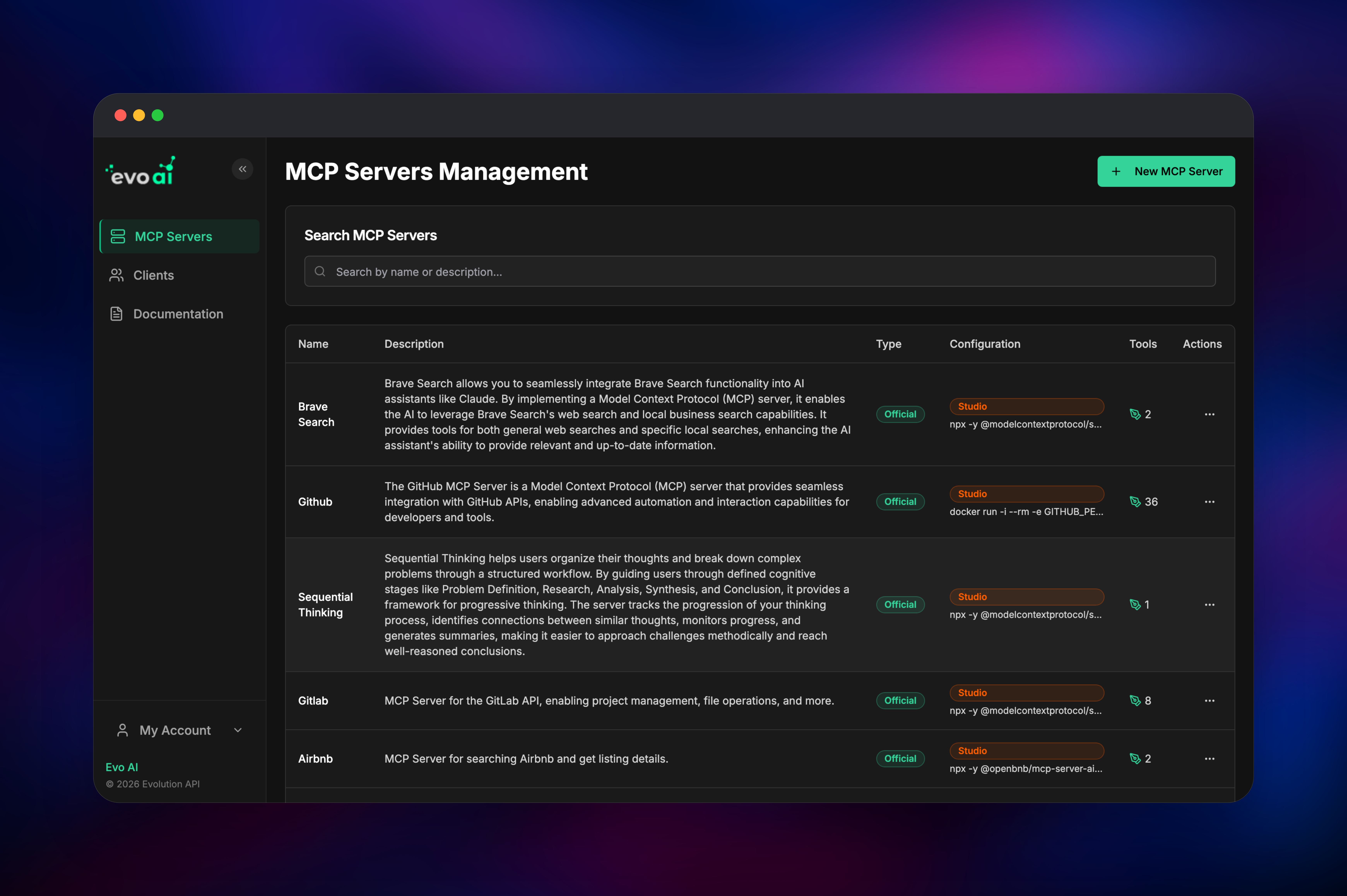 Evo AI catalogue of Brave Search, GitHub and other MCP servers