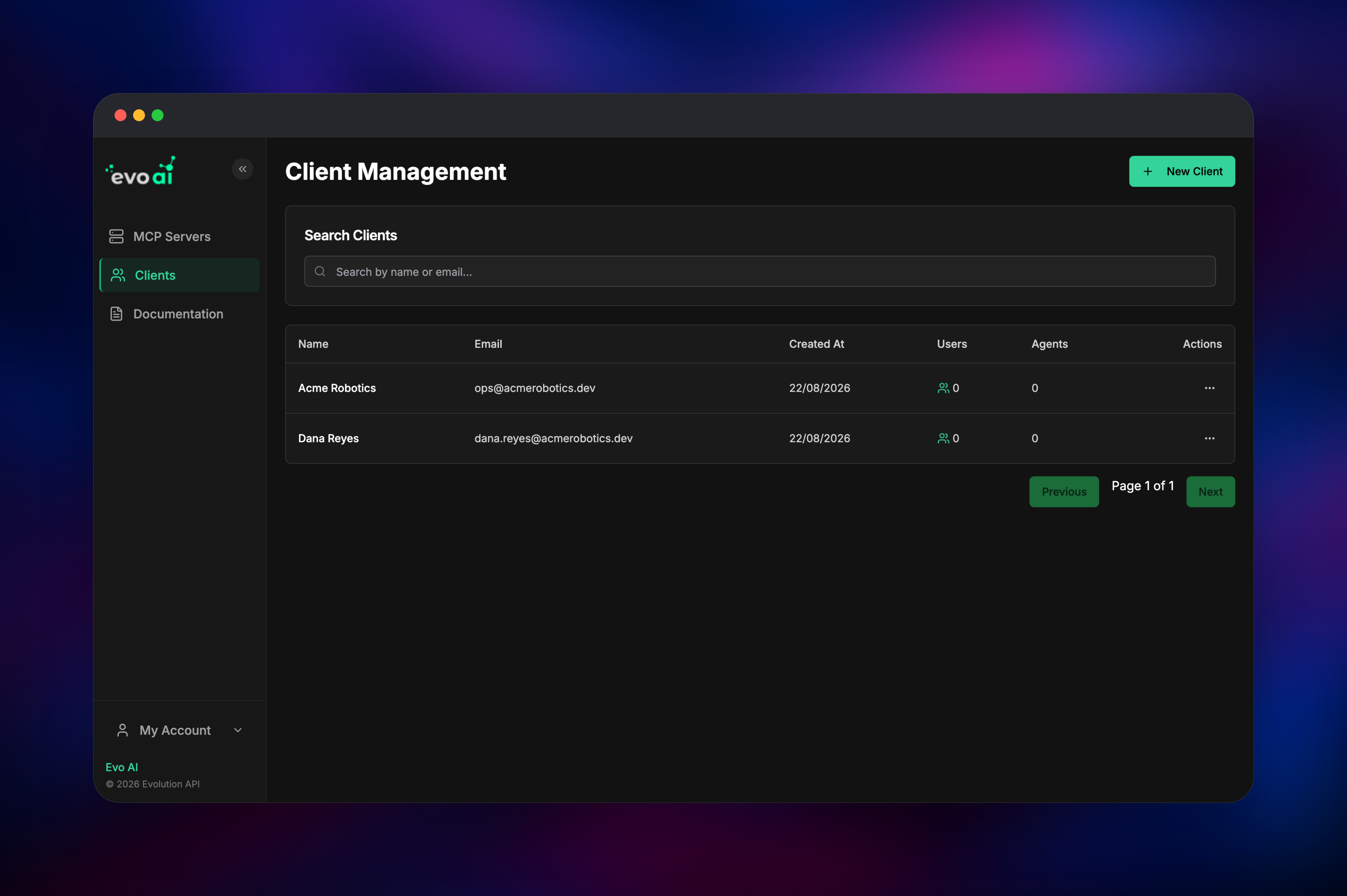 Evo AI admin client list with two tenant organisations