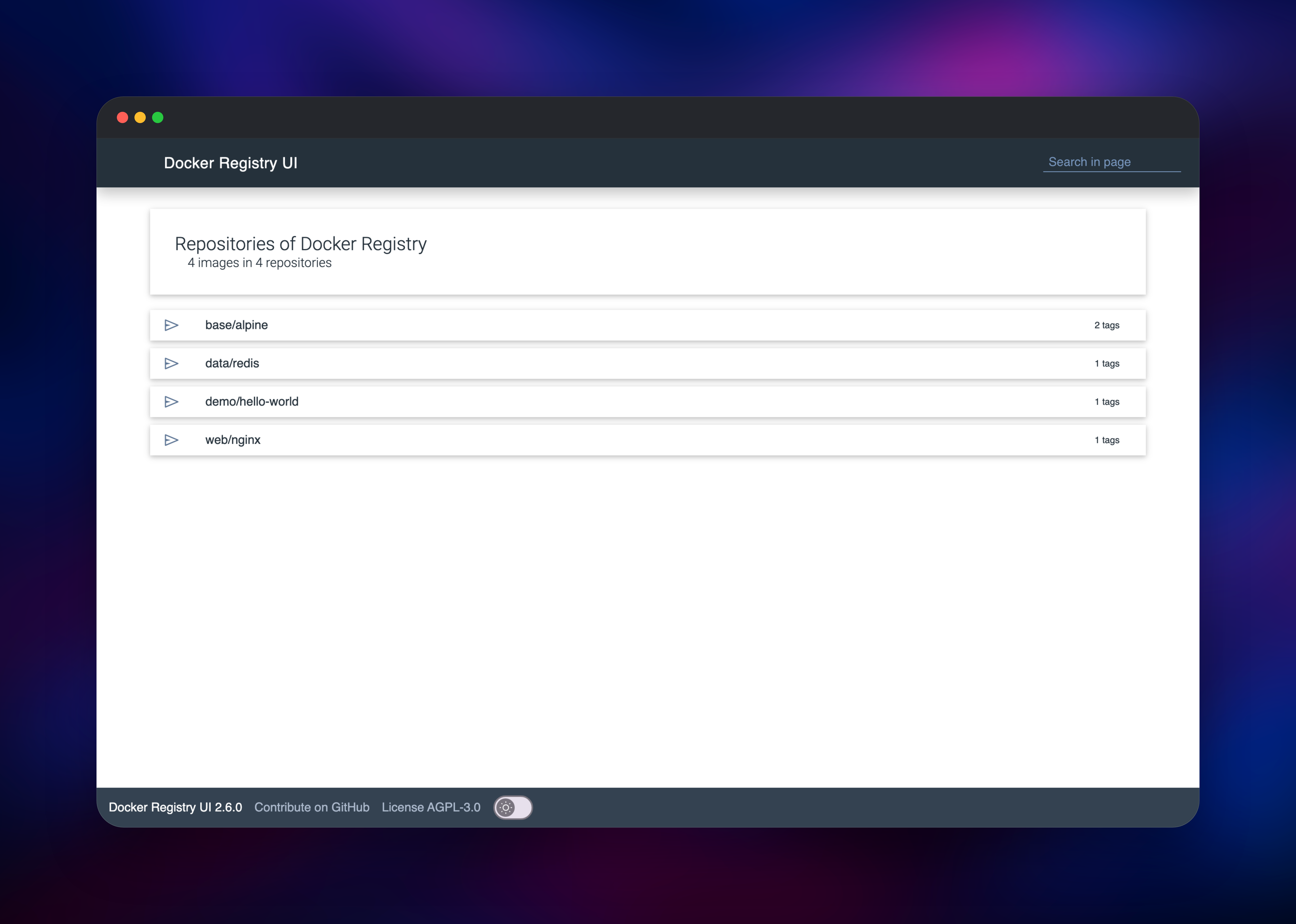 Docker Registry UI listing four pushed image repositories