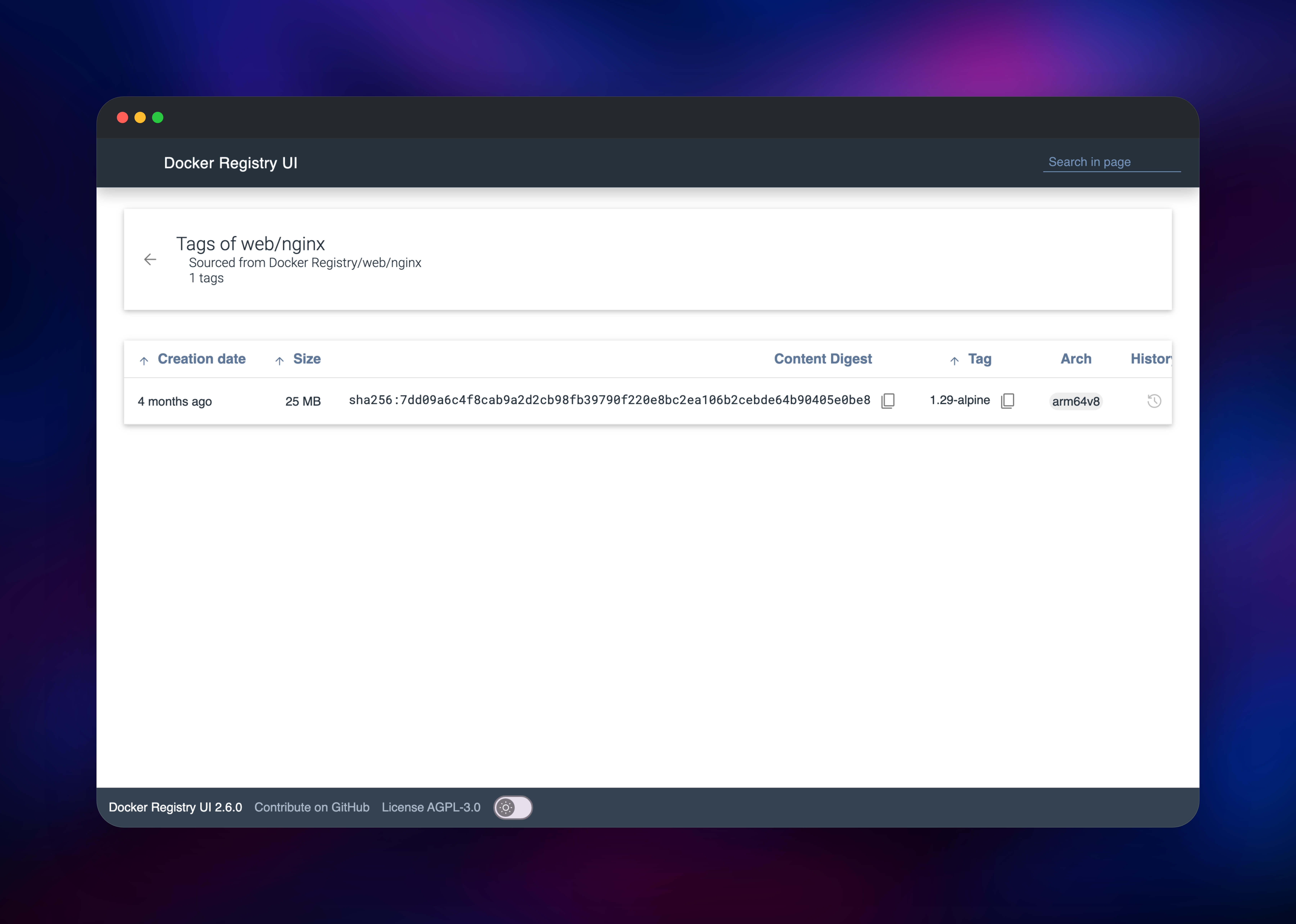 Tag table for web/nginx showing size, digest and architecture