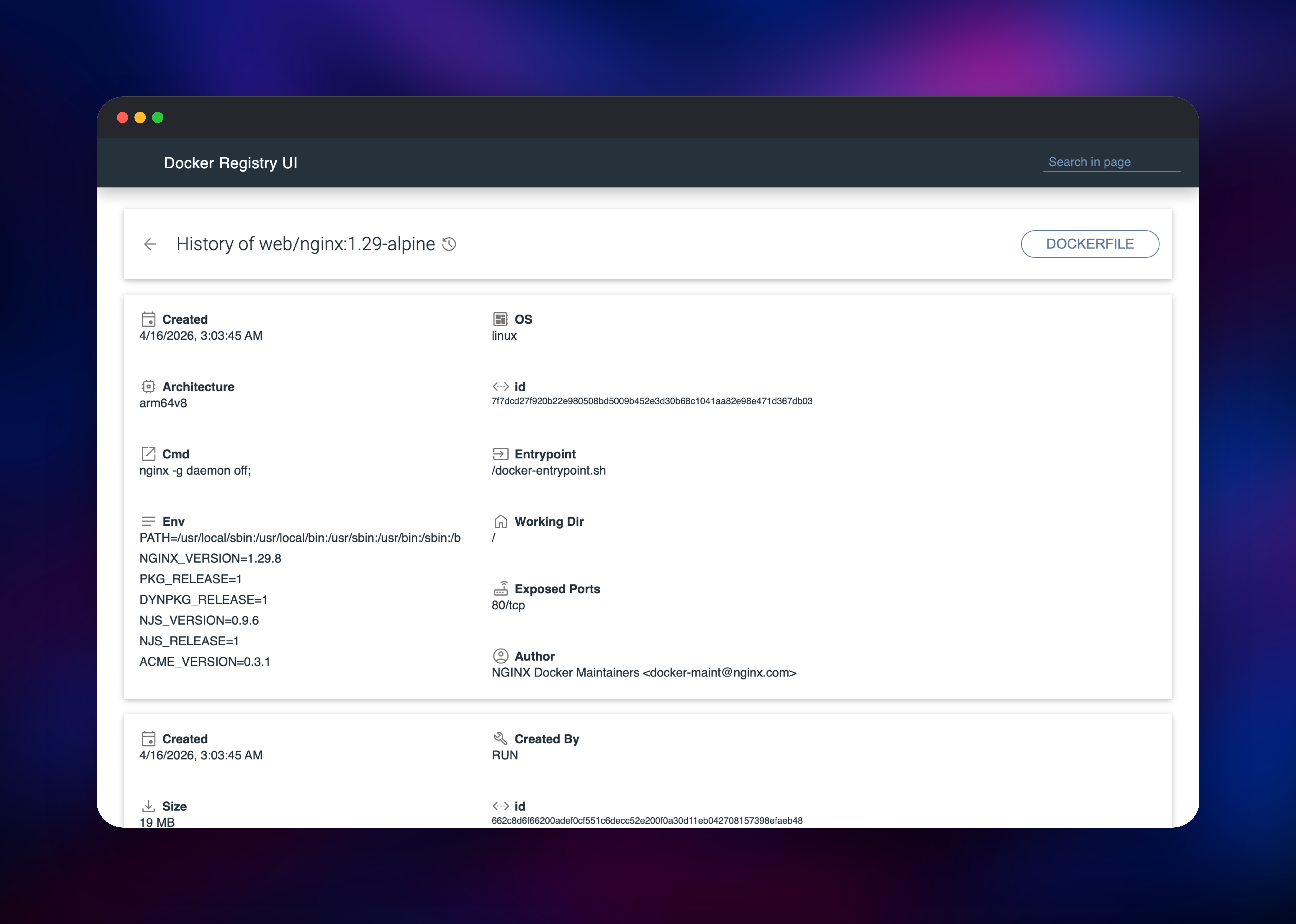 Image history panel with the nginx layer commands and environment