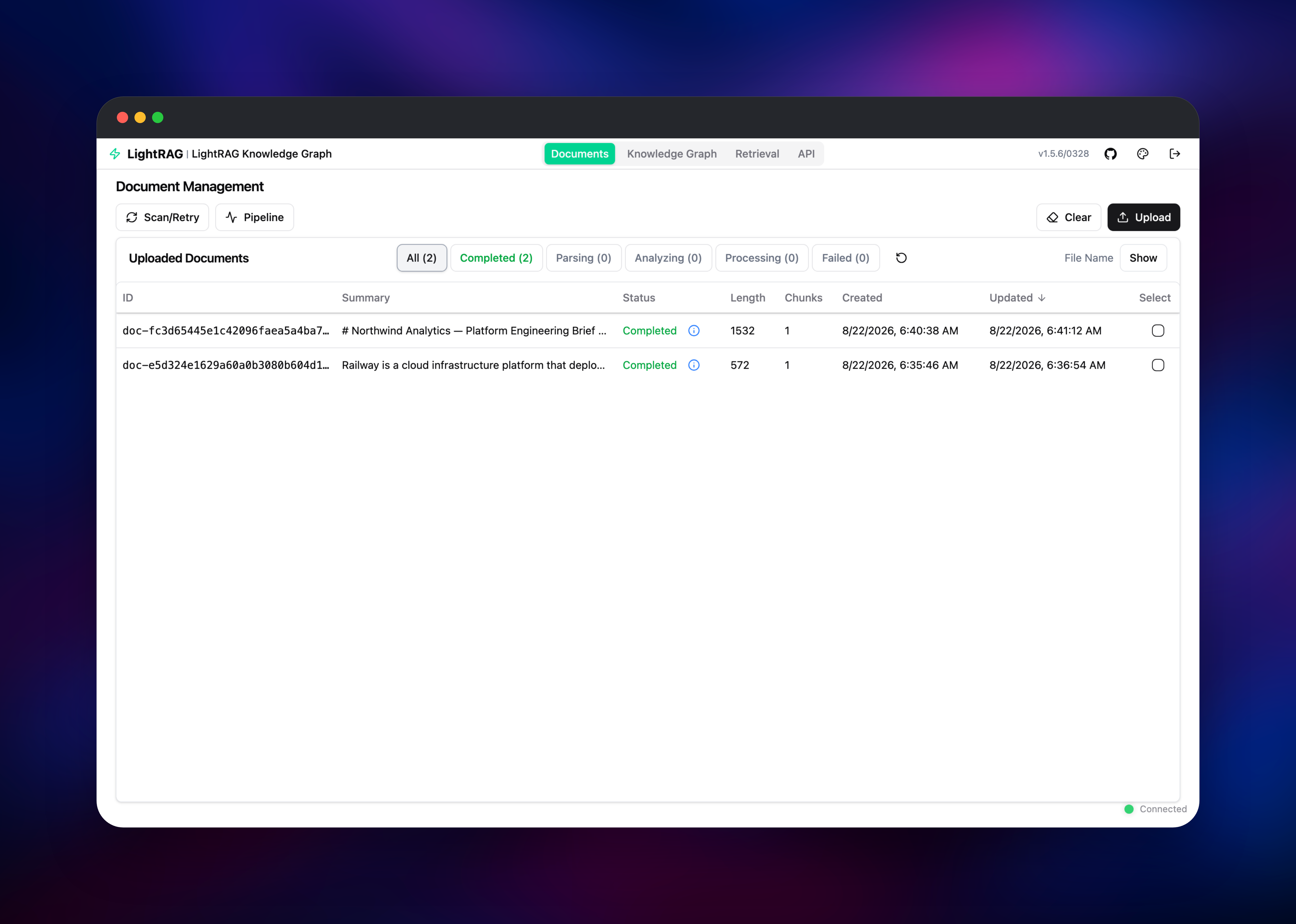 LightRAG document manager listing two ingested documents as completed