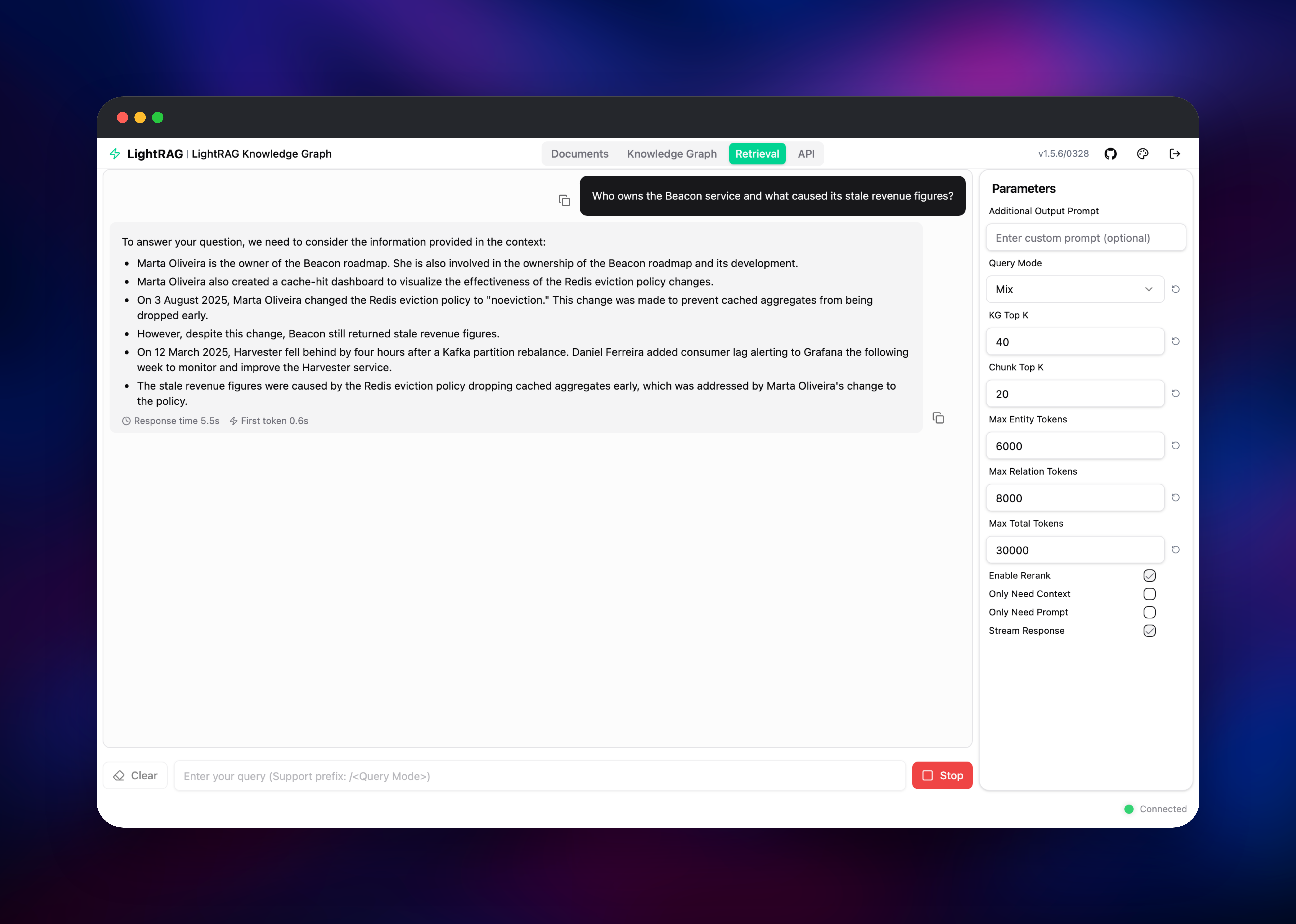 LightRAG retrieval answering a question with cited source documents