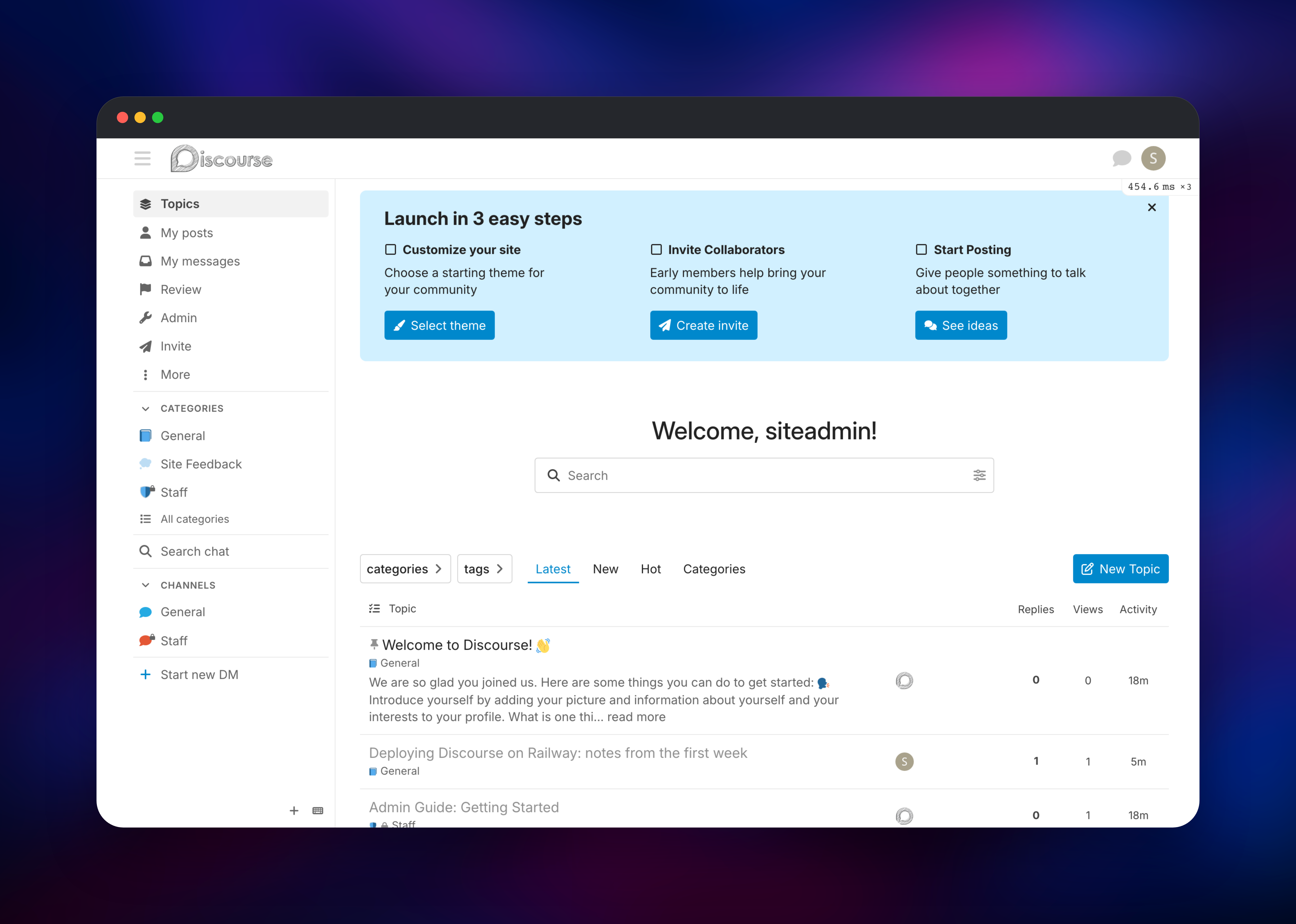 Discourse latest topics list with the onboarding checklist