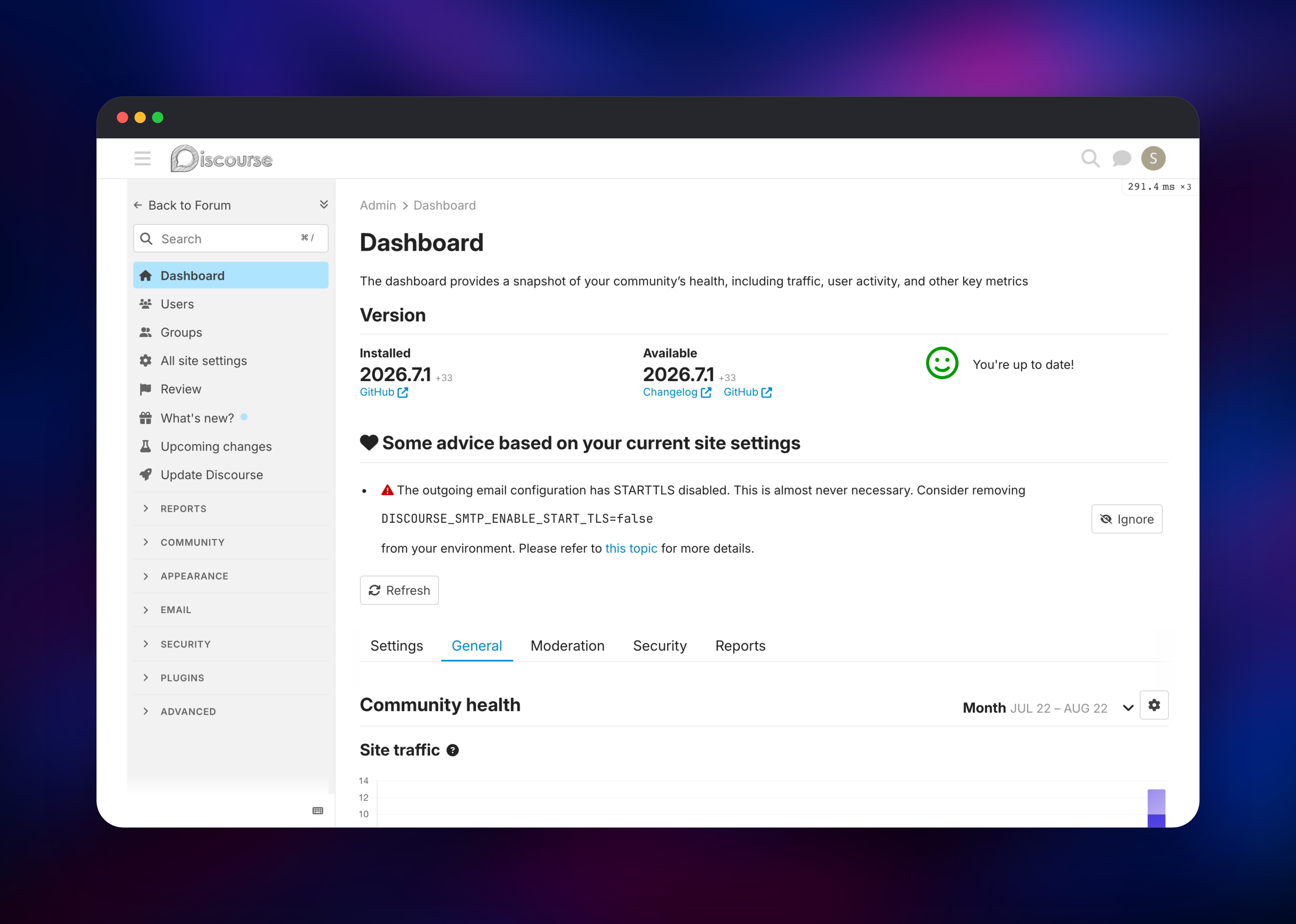 Discourse admin dashboard reporting version and community health