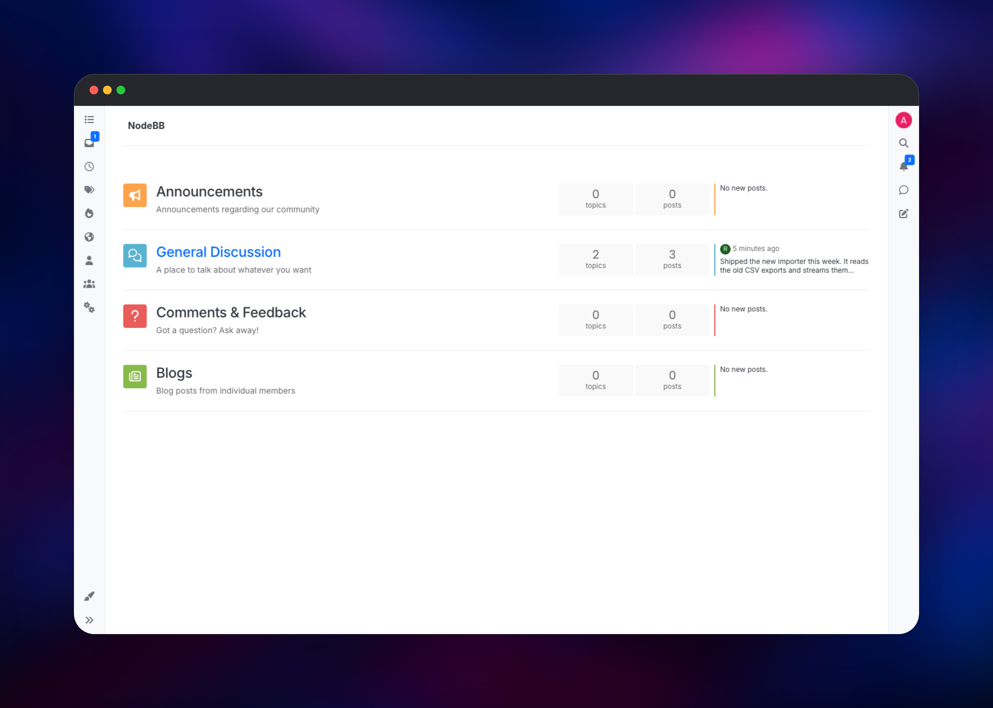 NodeBB category list showing four forum categories and recent activity