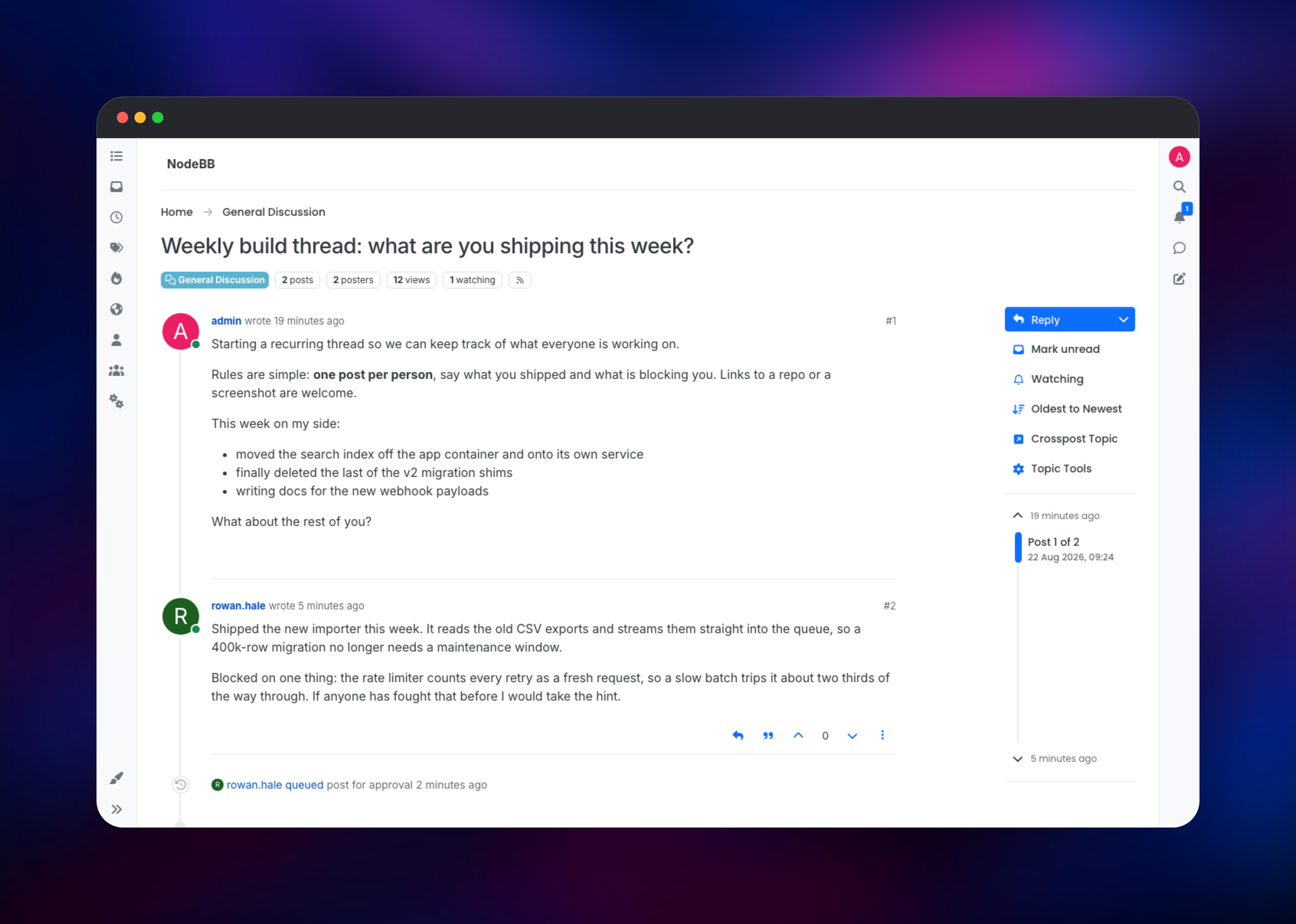 NodeBB discussion topic with two members replying in a thread