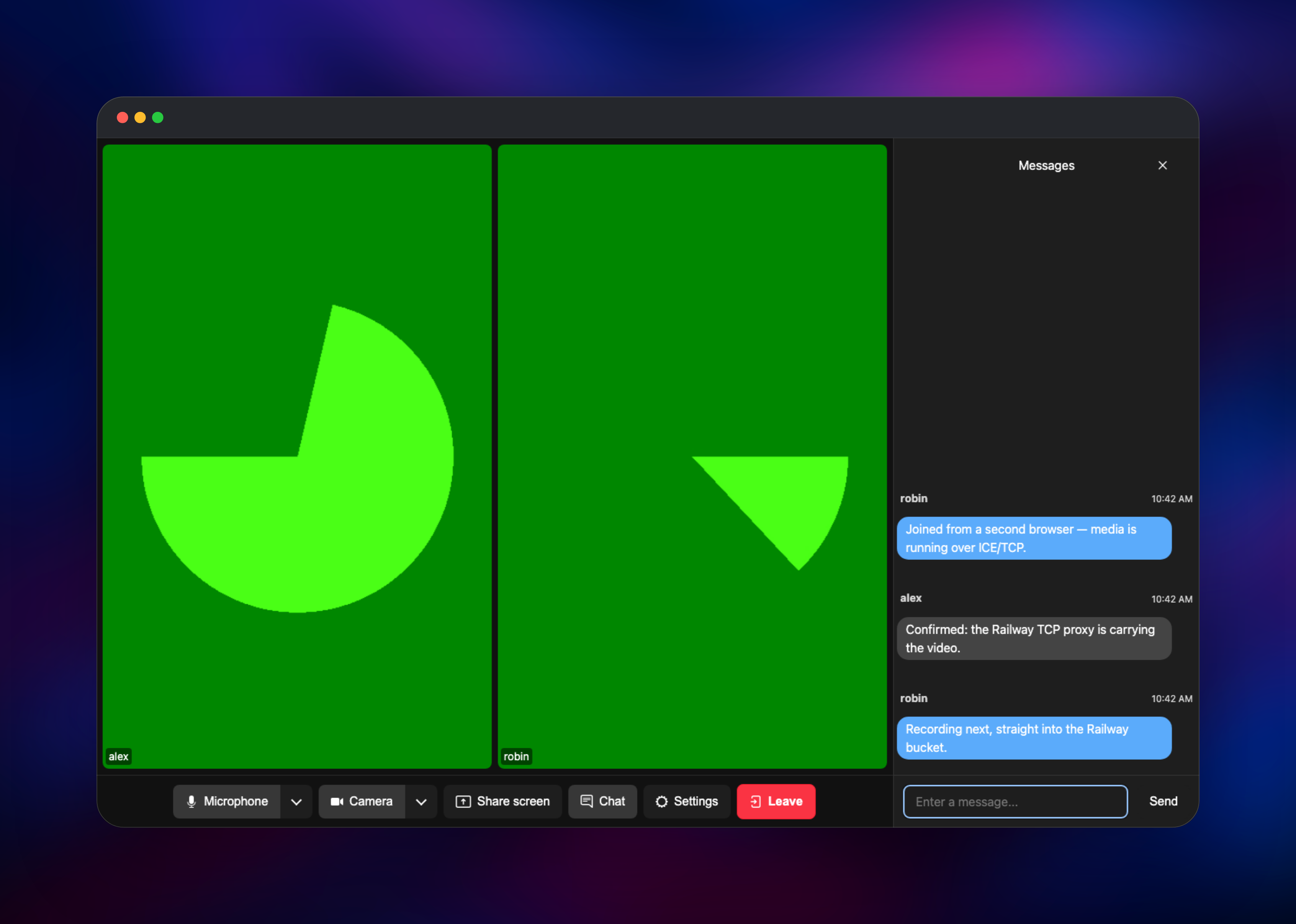 LiveKit room chat panel beside two live video tiles