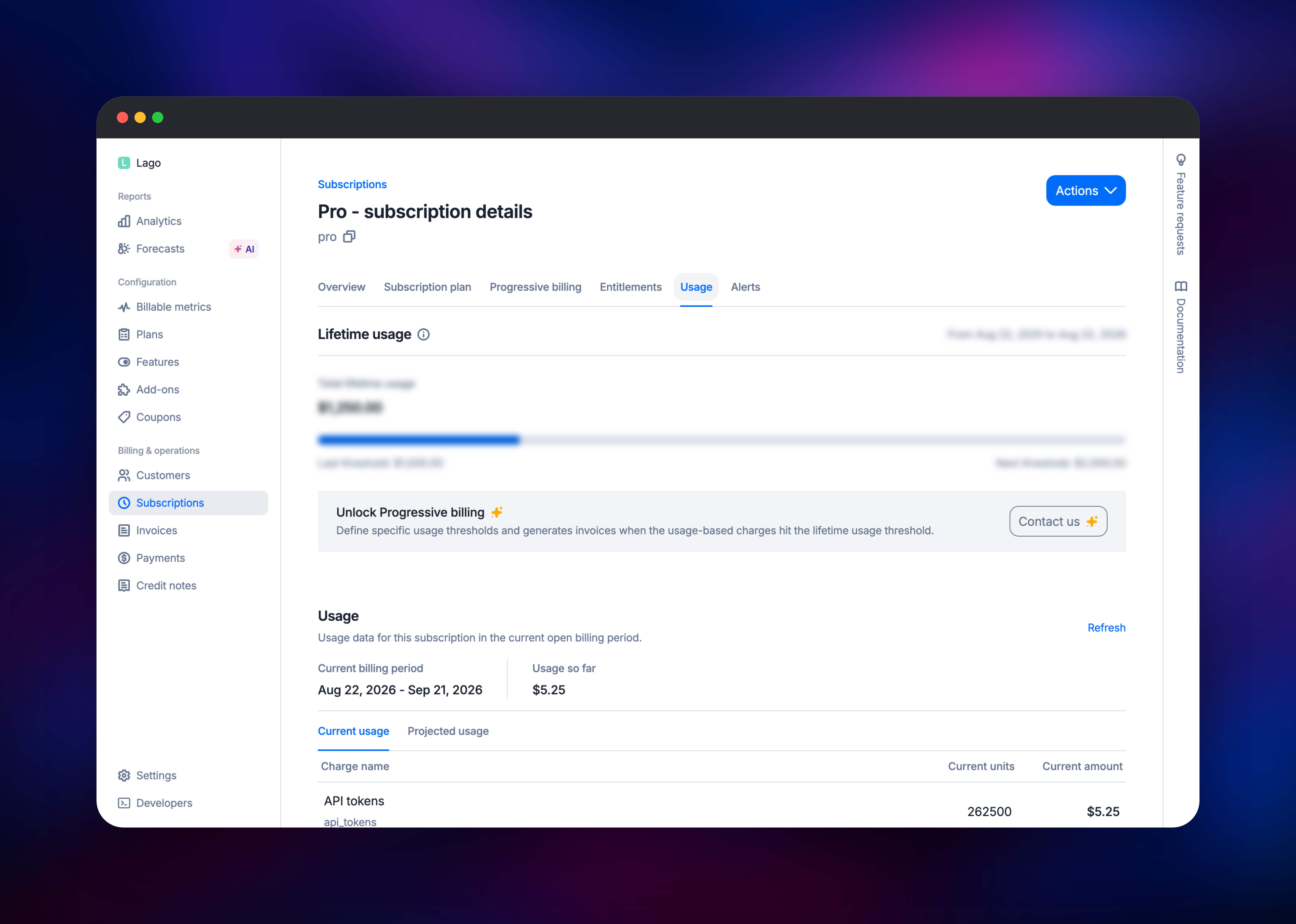 Lago subscription usage totalling 262,500 metered API tokens