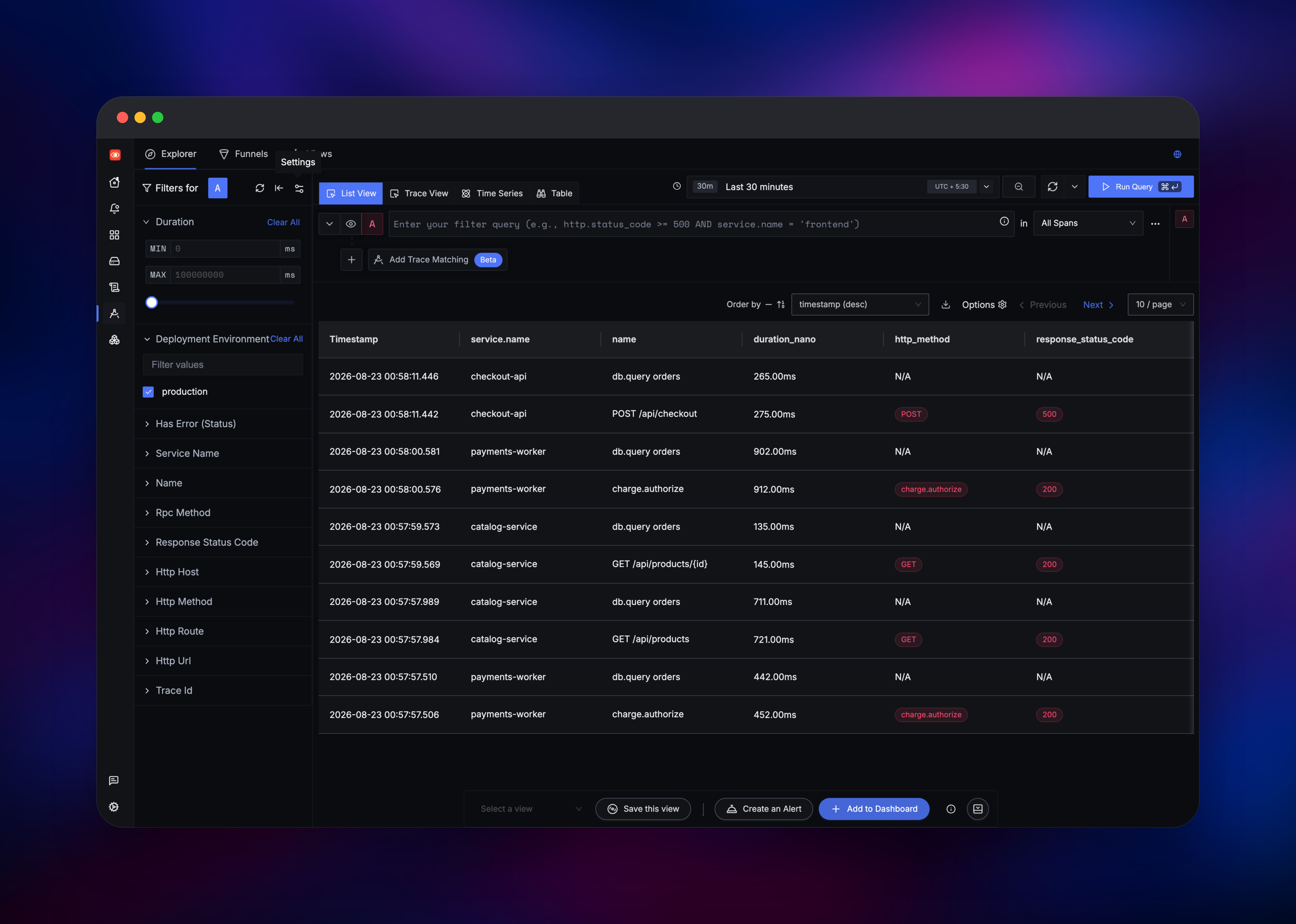 SigNoz trace explorer listing spans across three services