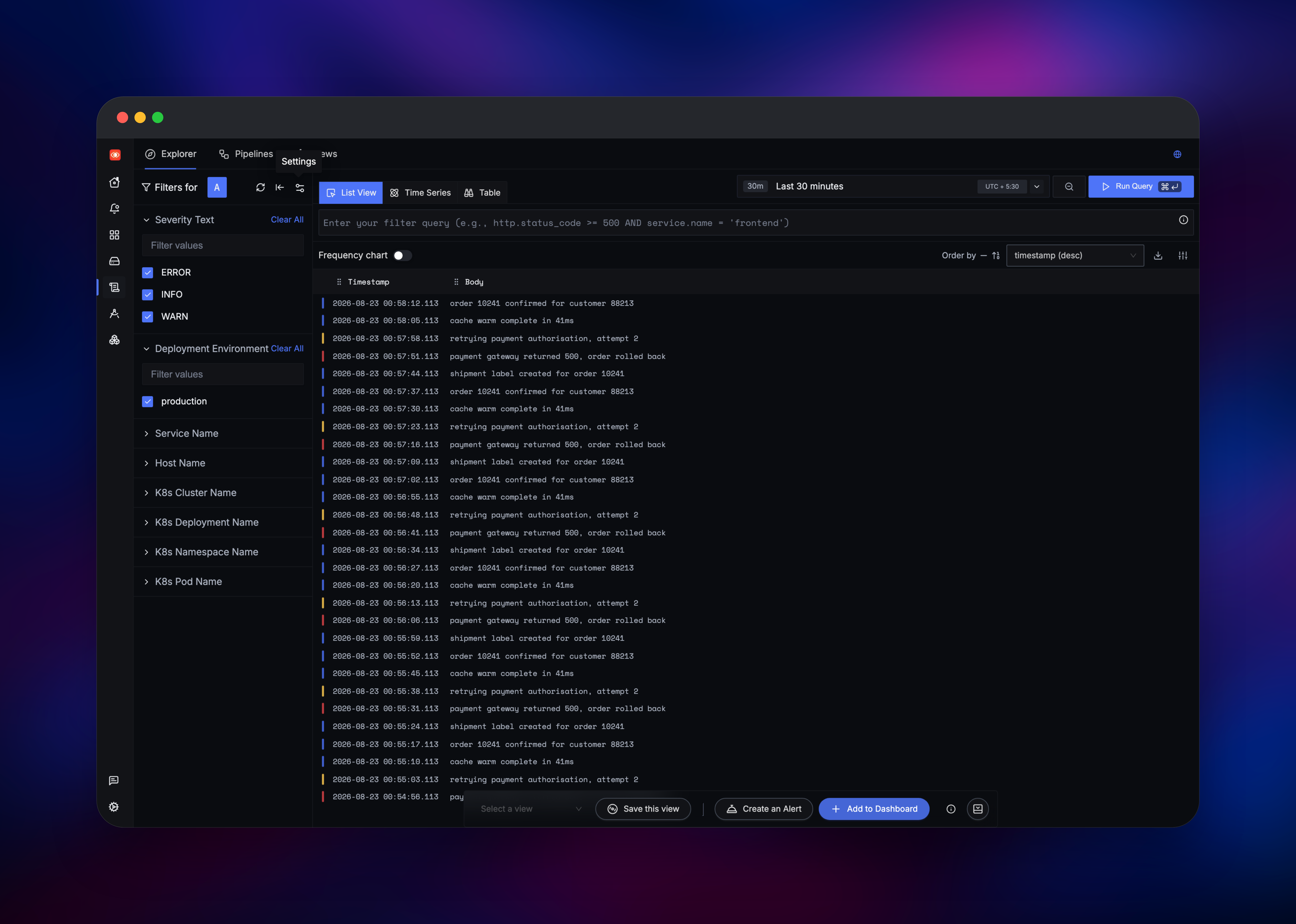 SigNoz log explorer filtered by severity and environment