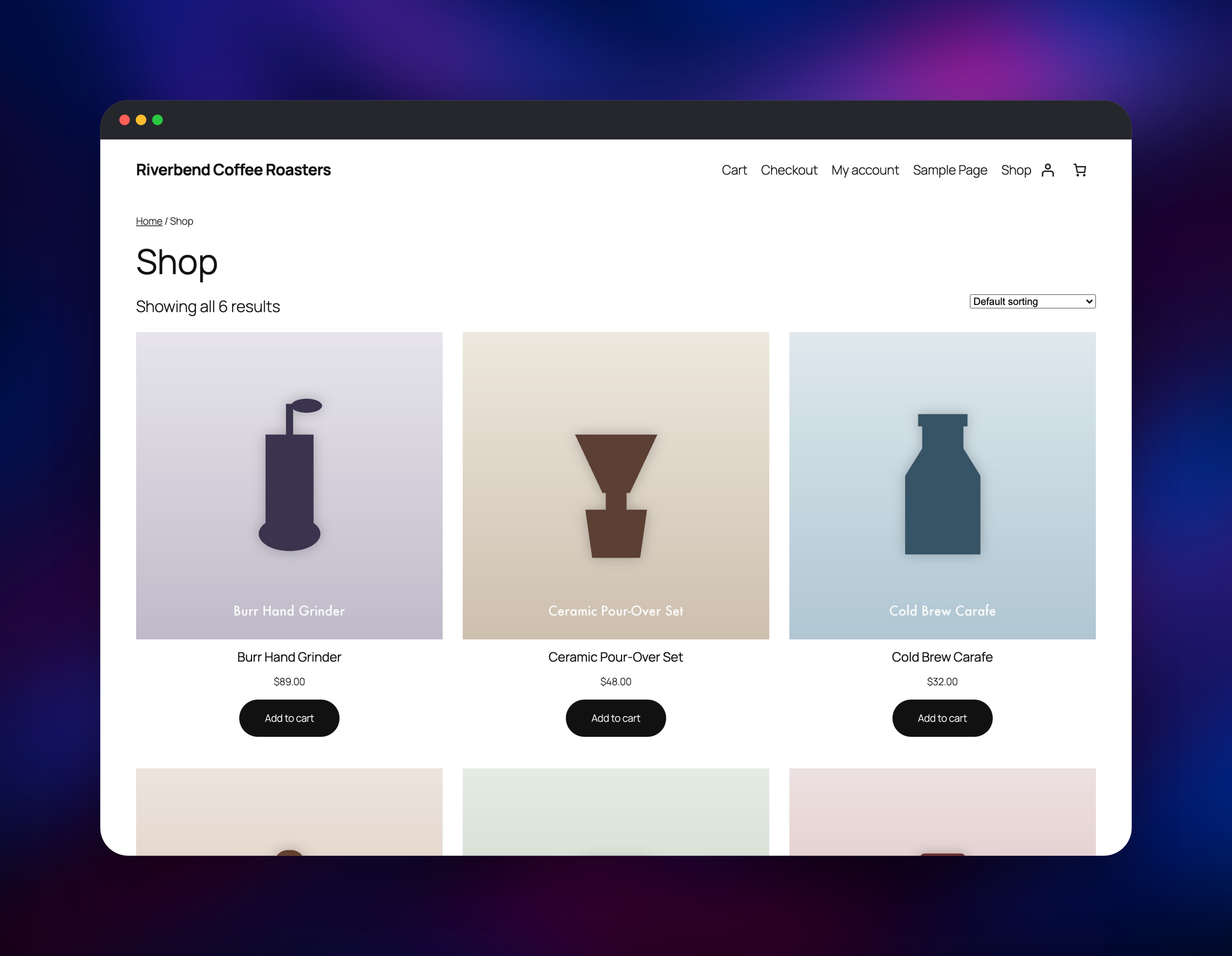 WooCommerce shop page listing six coffee products with prices