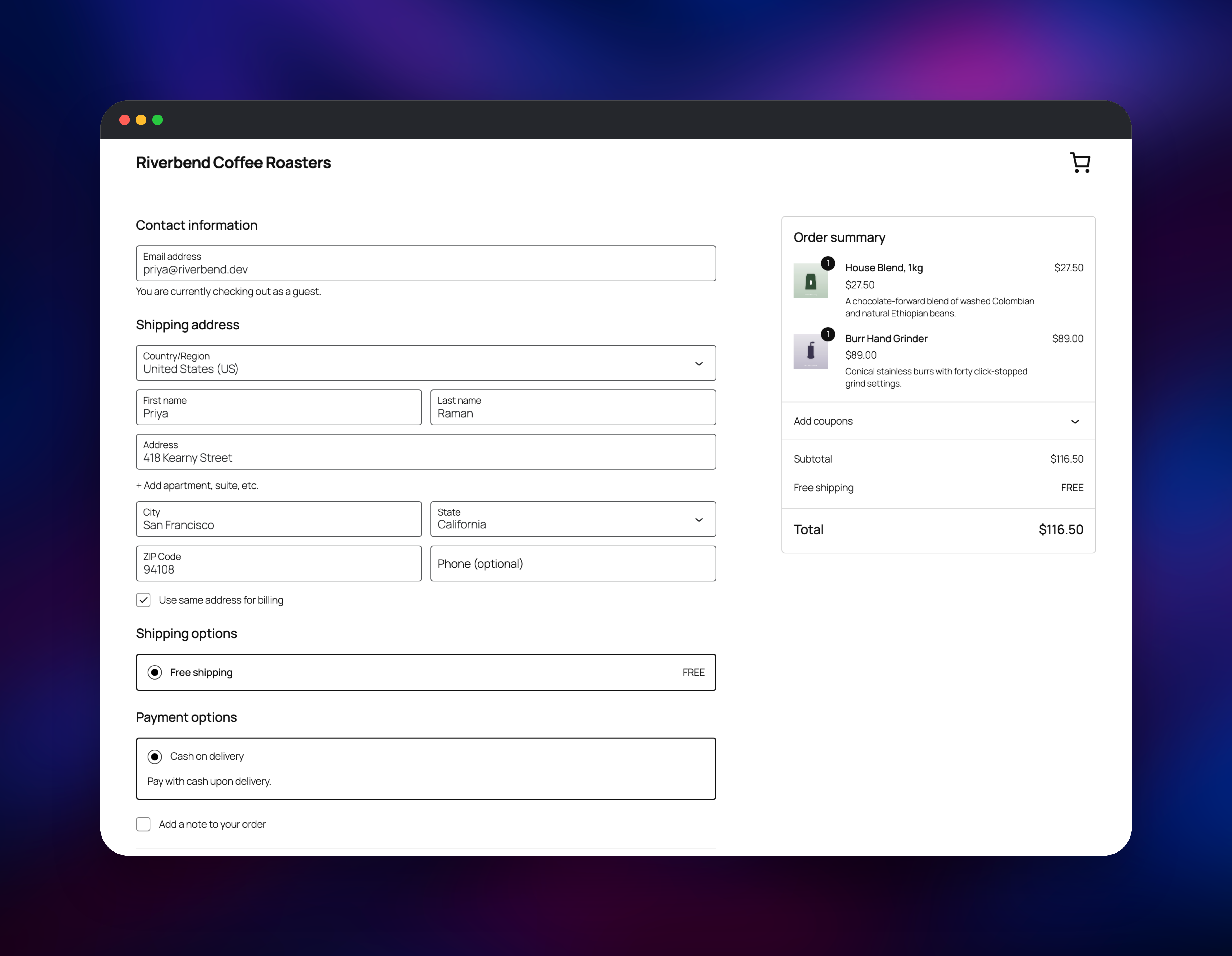 WooCommerce block checkout with order summary and cash on delivery