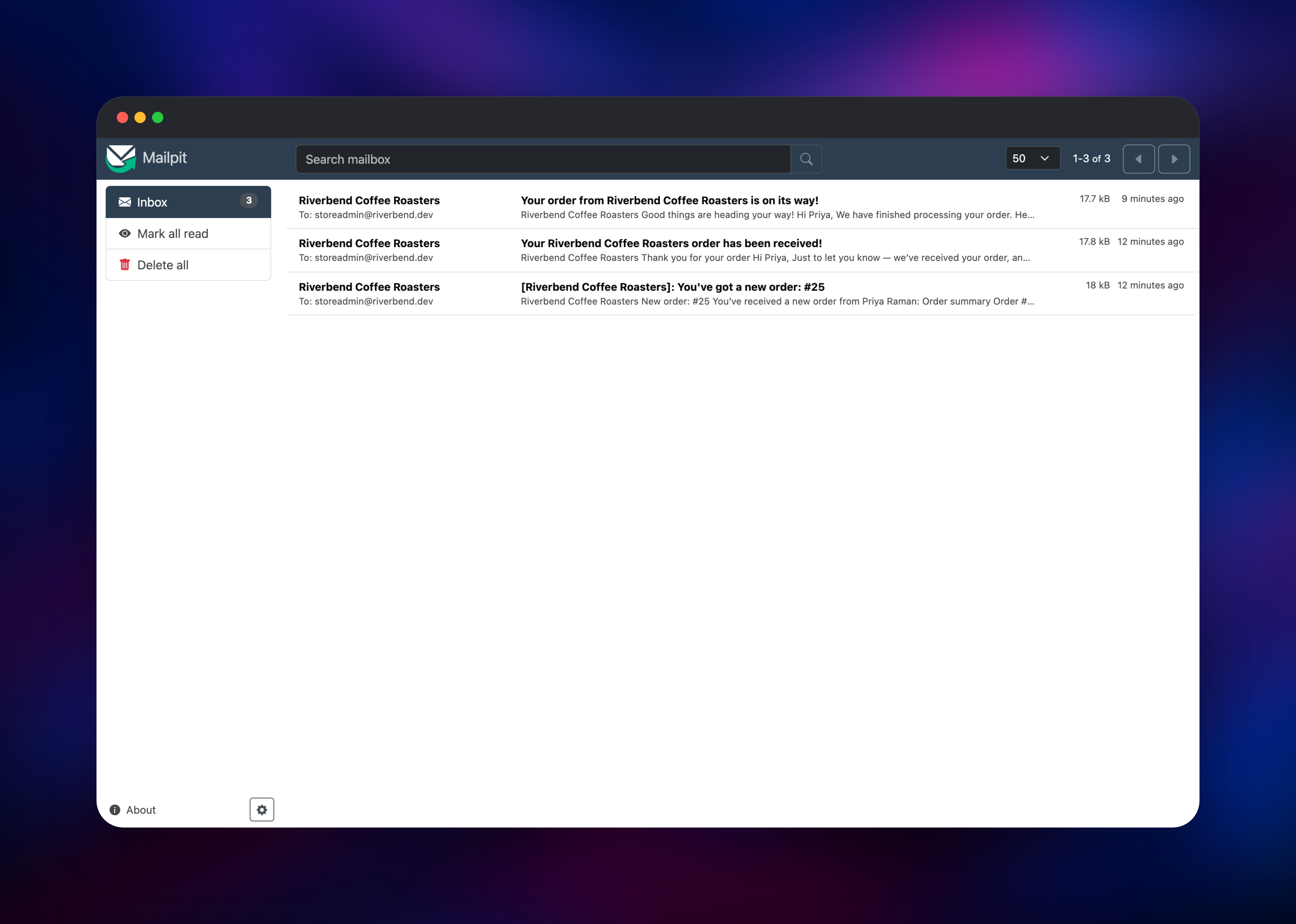 Mailpit inbox holding the WooCommerce order confirmation emails