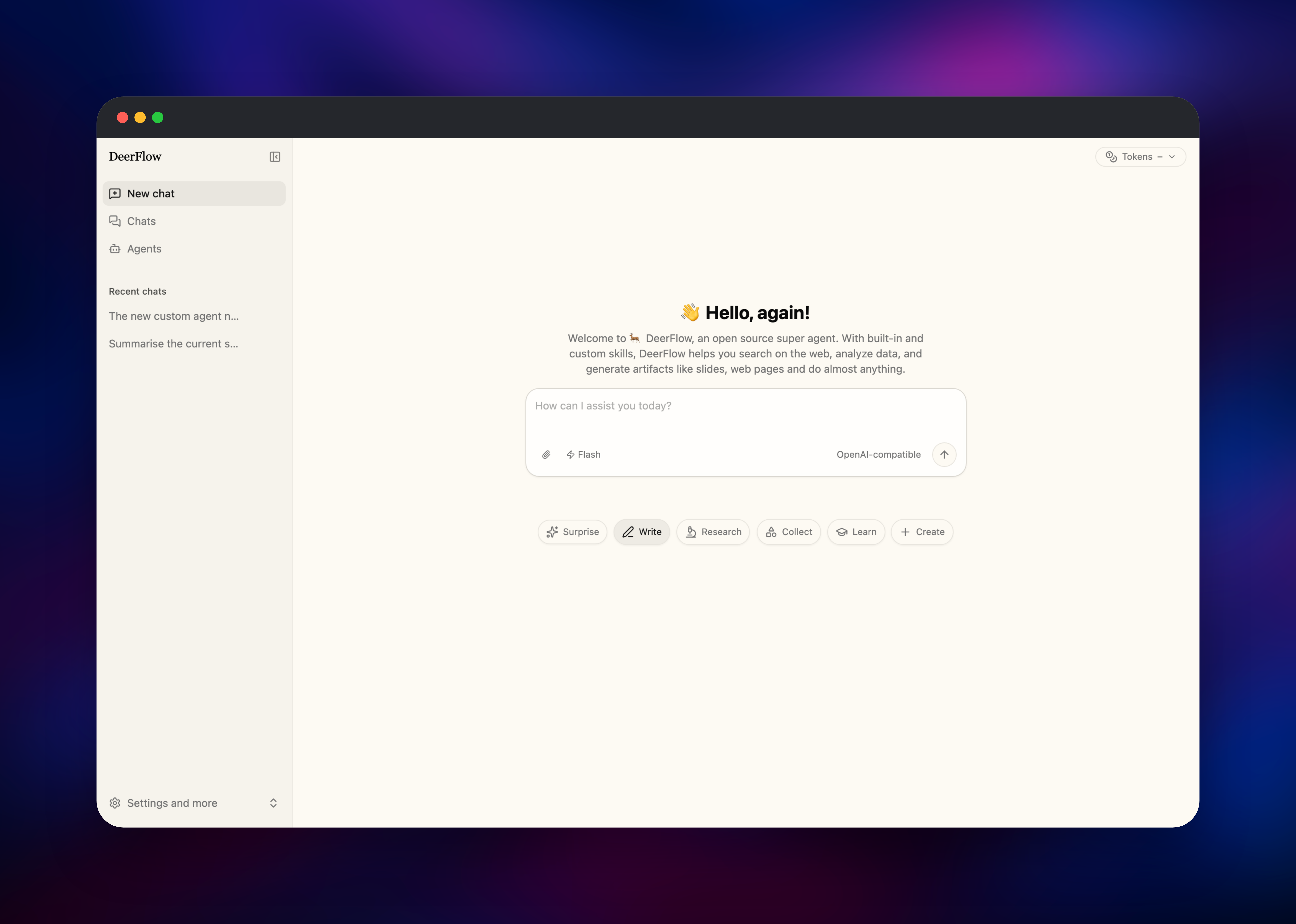 DeerFlow workspace with the prompt composer and skill shortcuts