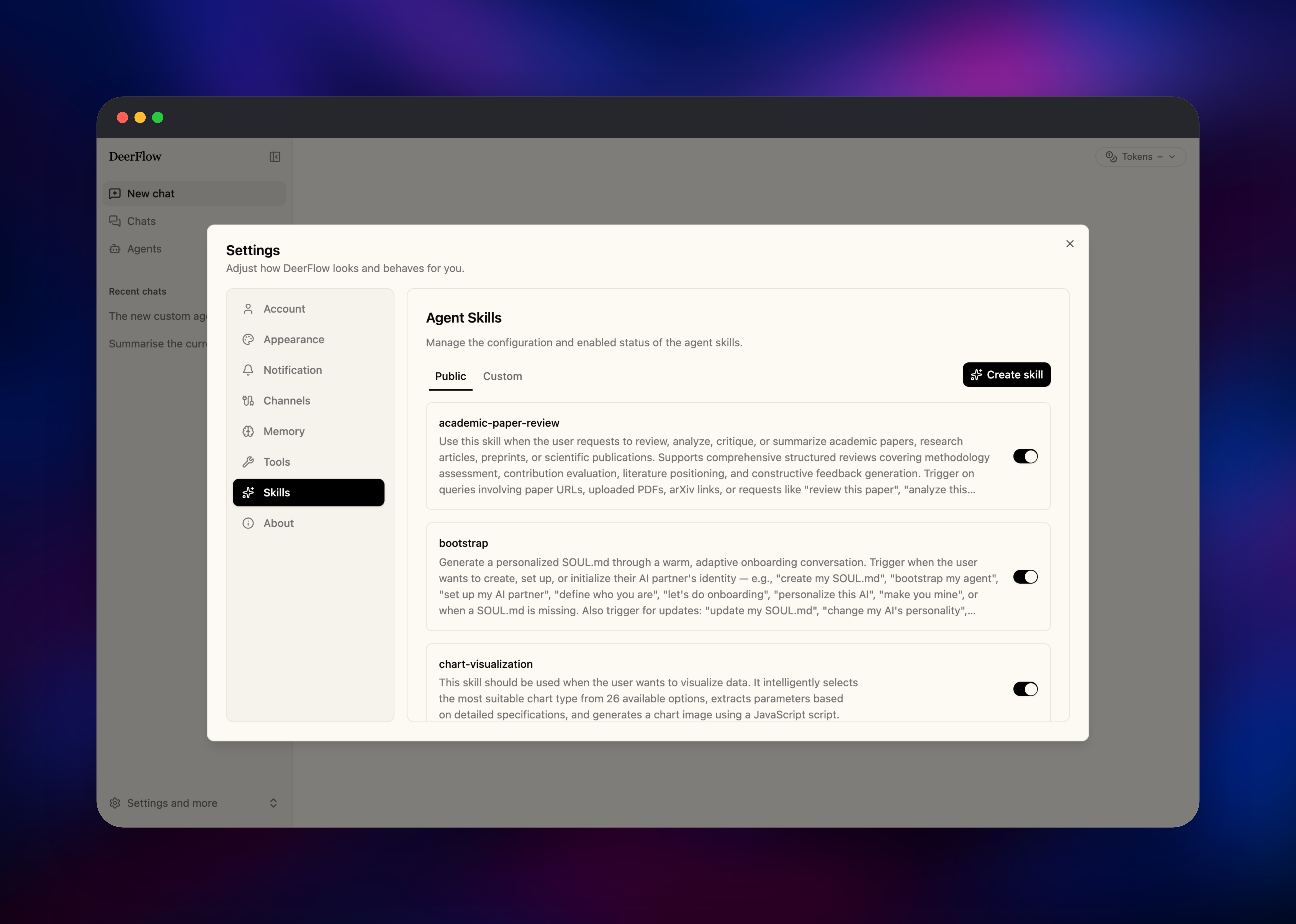 DeerFlow settings listing the bundled agent skills with toggles