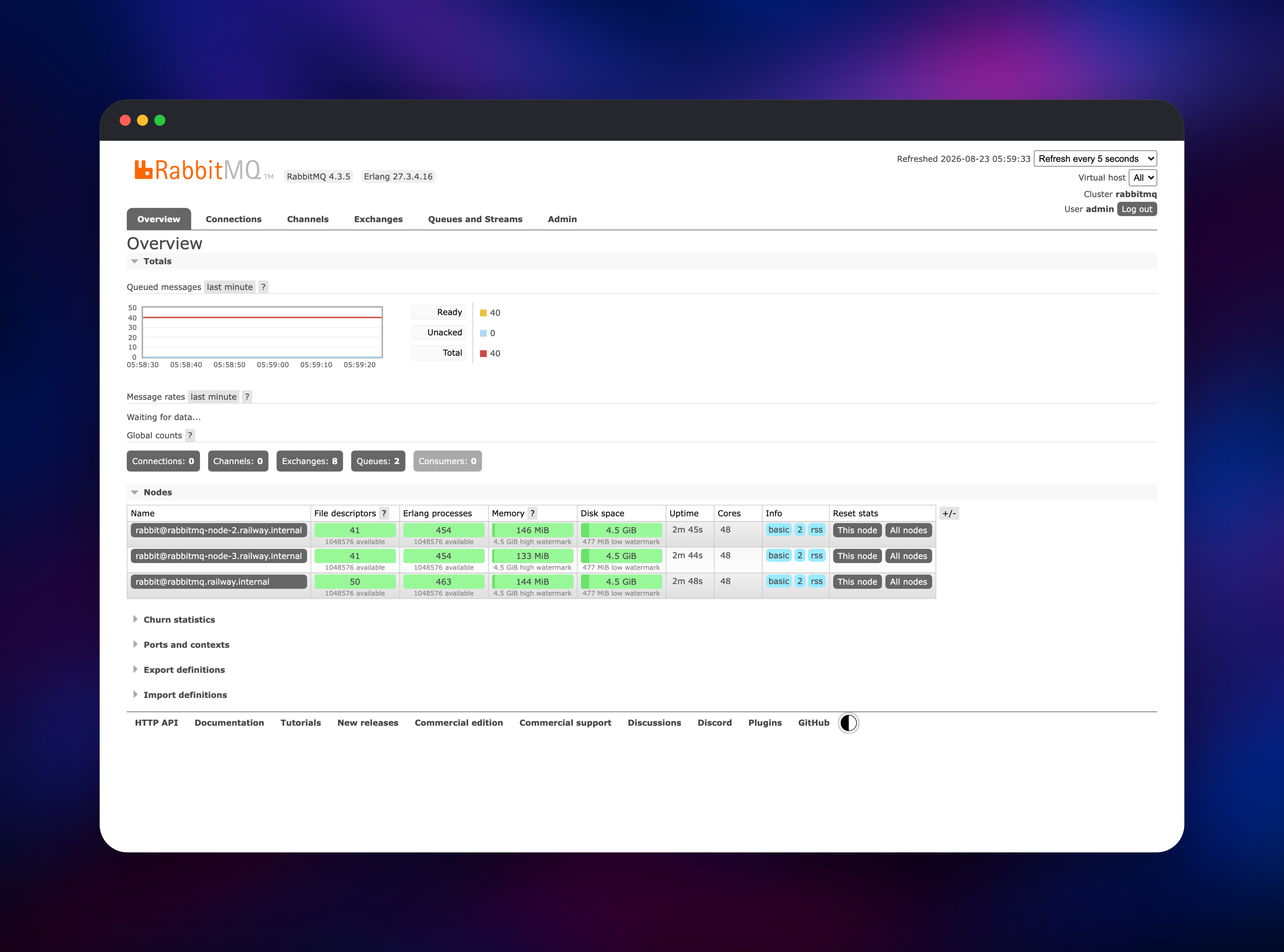 RabbitMQ overview listing three running cluster nodes