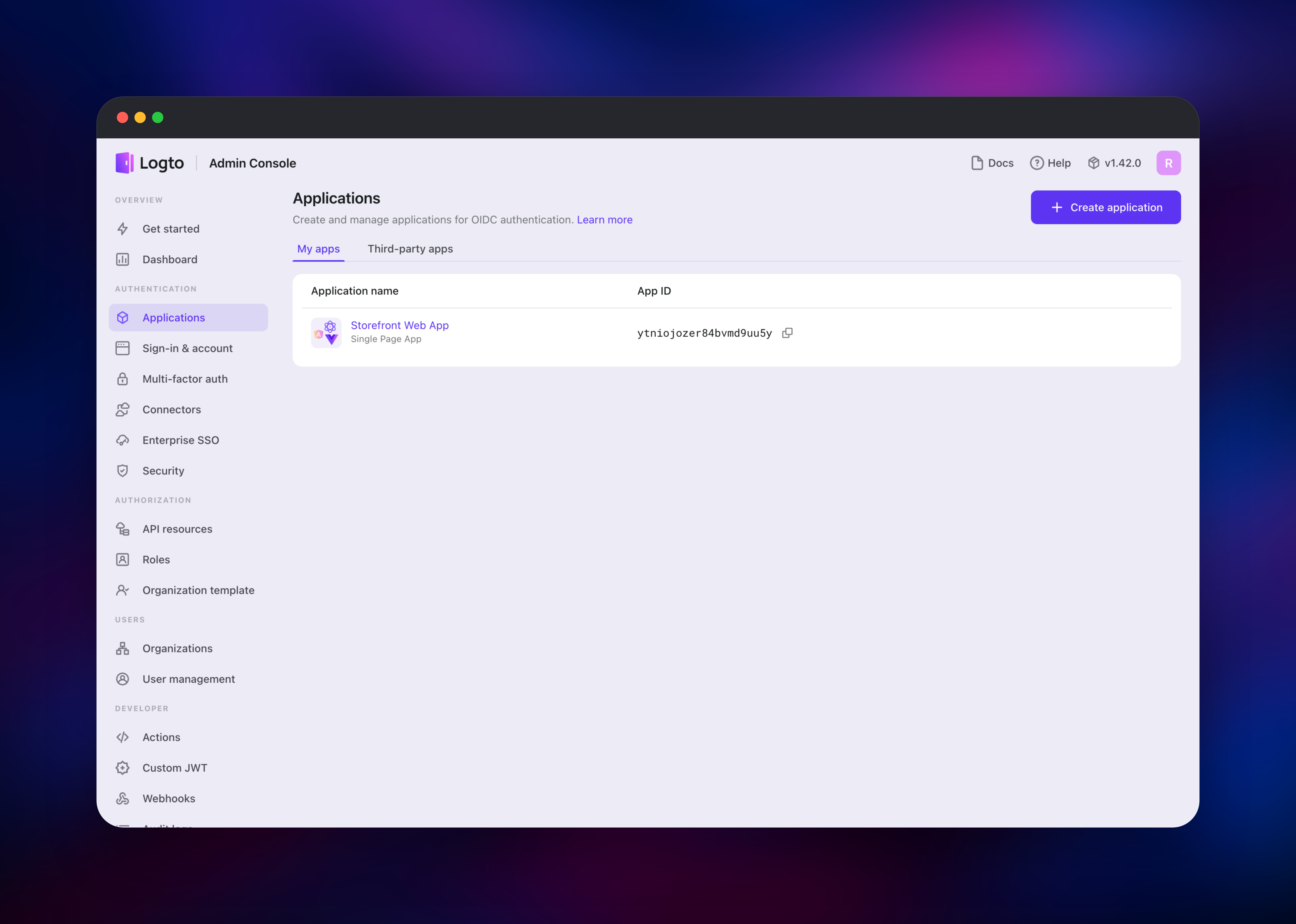 Logto Admin Console listing the Storefront Web App client