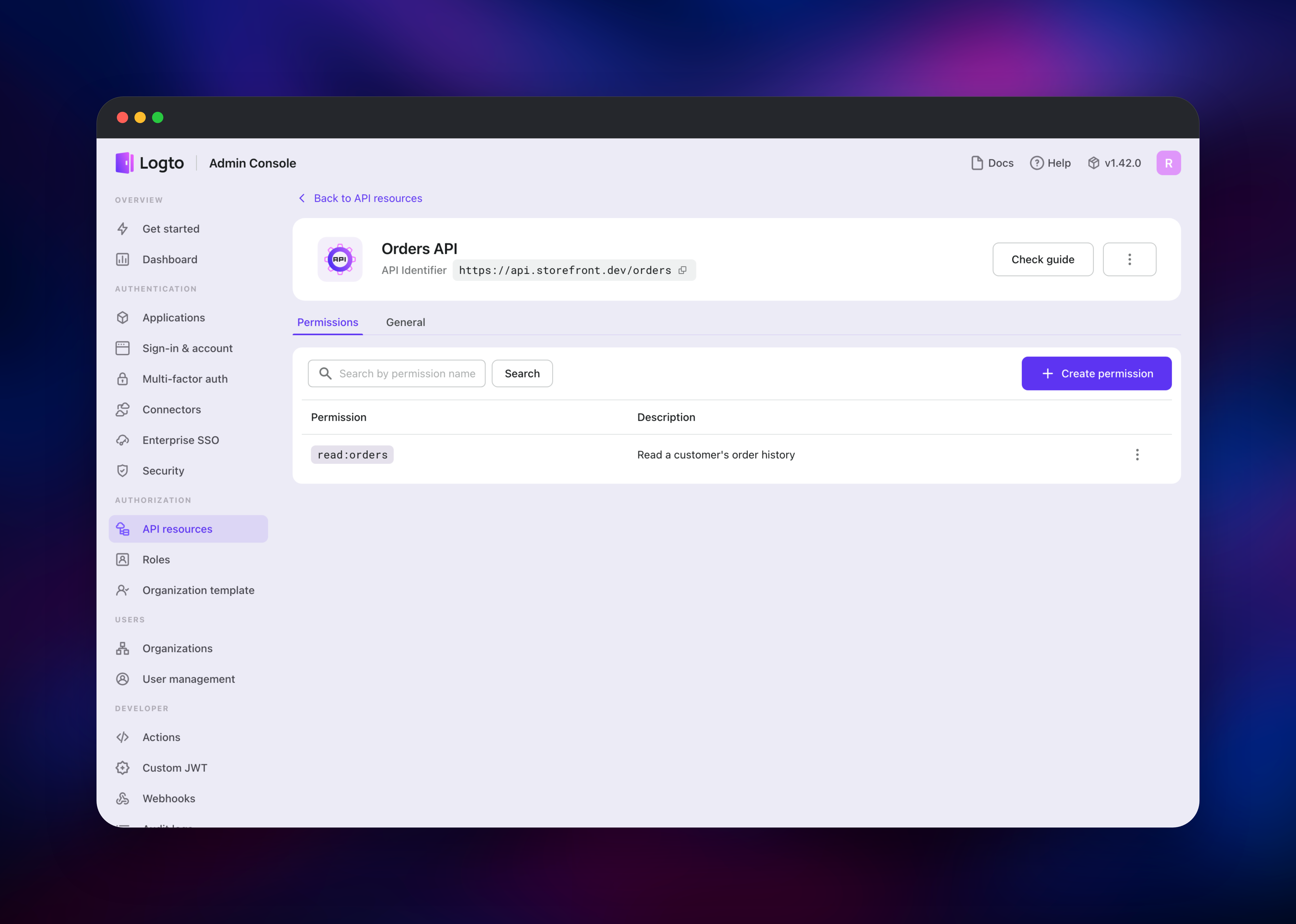 Orders API resource with its read:orders permission scope