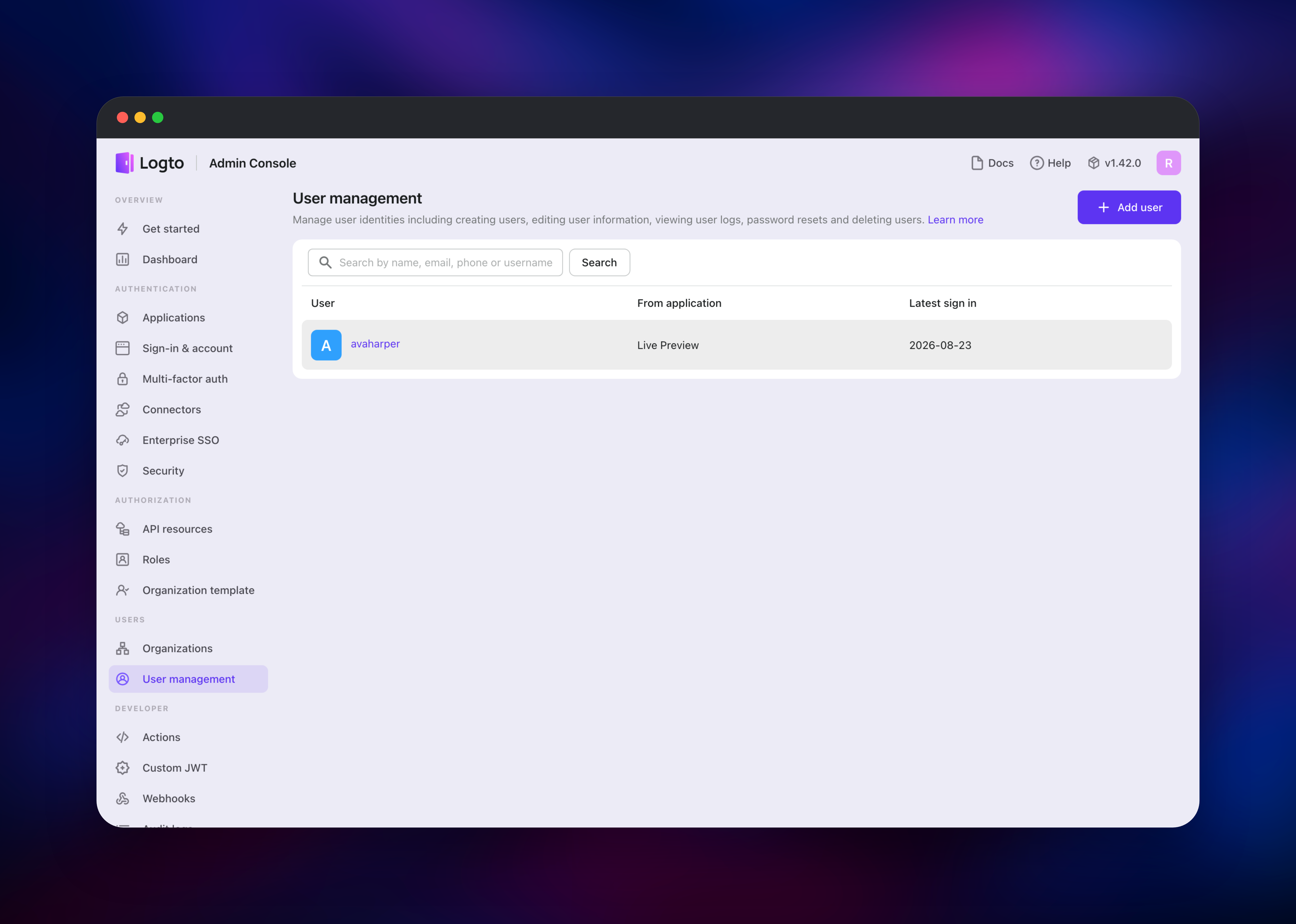Logto user list holding the account created through sign-up