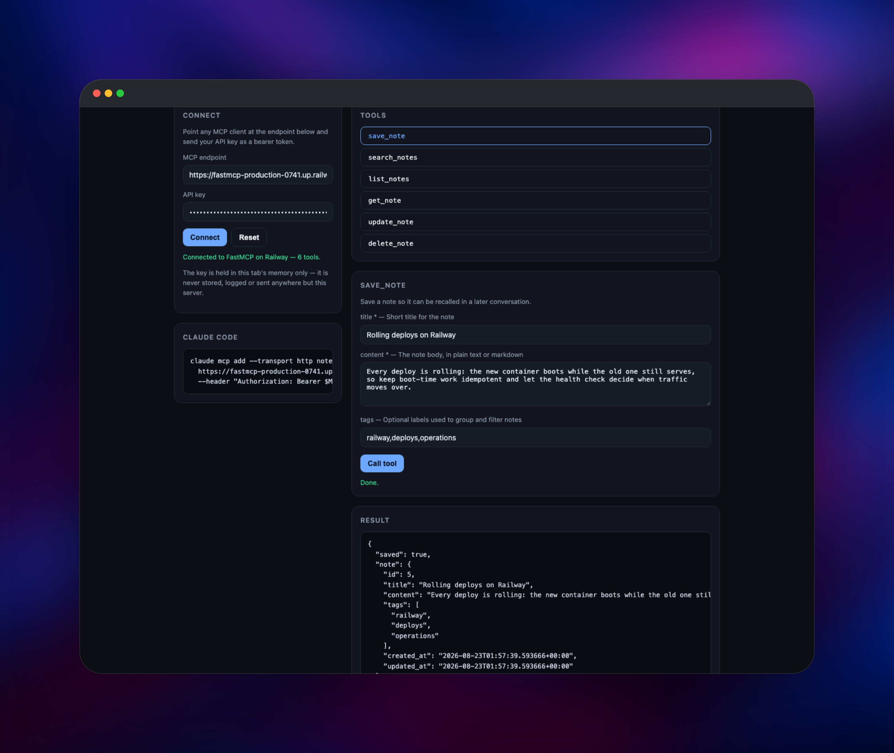Saving a note through the FastMCP server's save_note tool