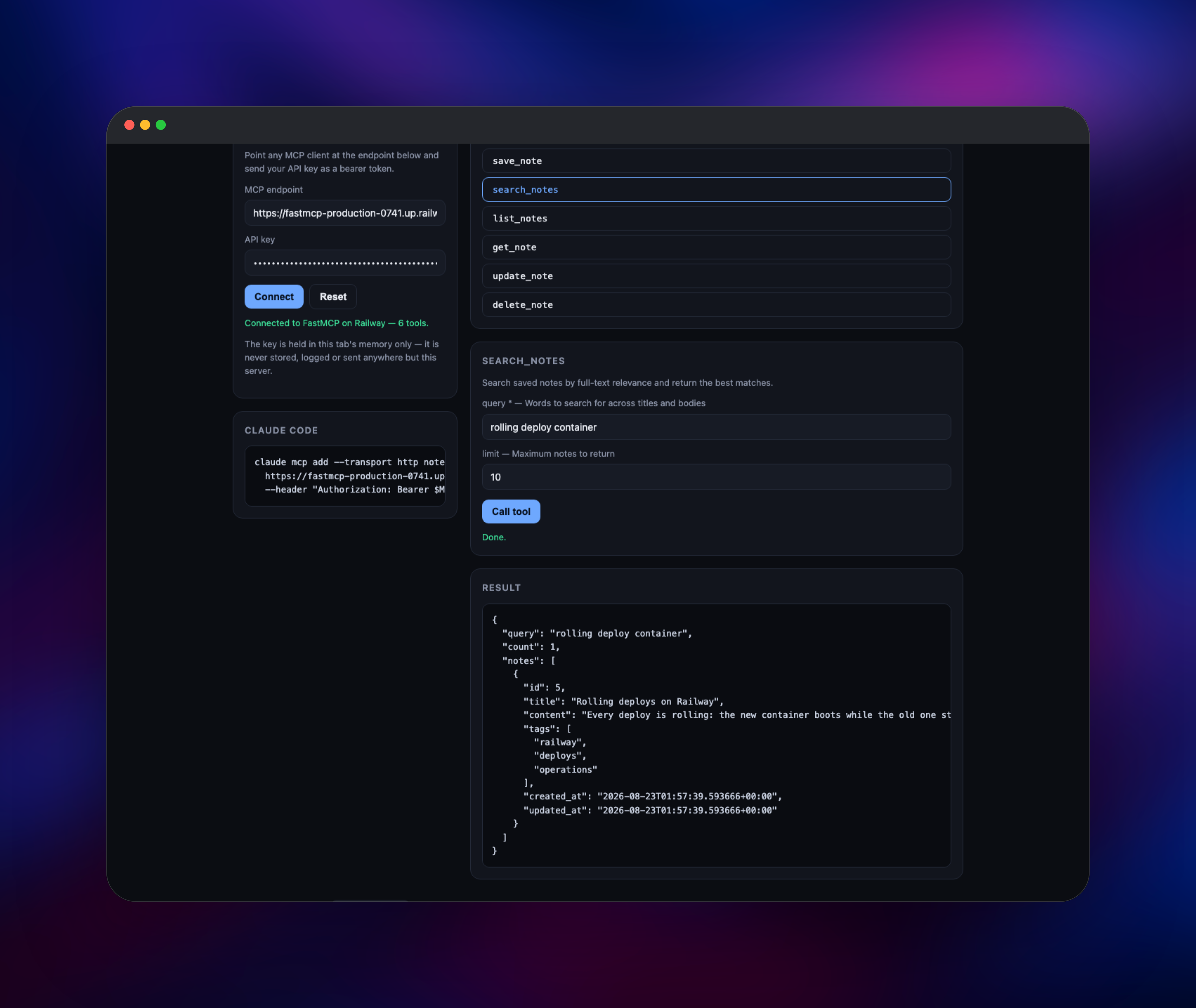 Full-text search returning a matching note from Postgres