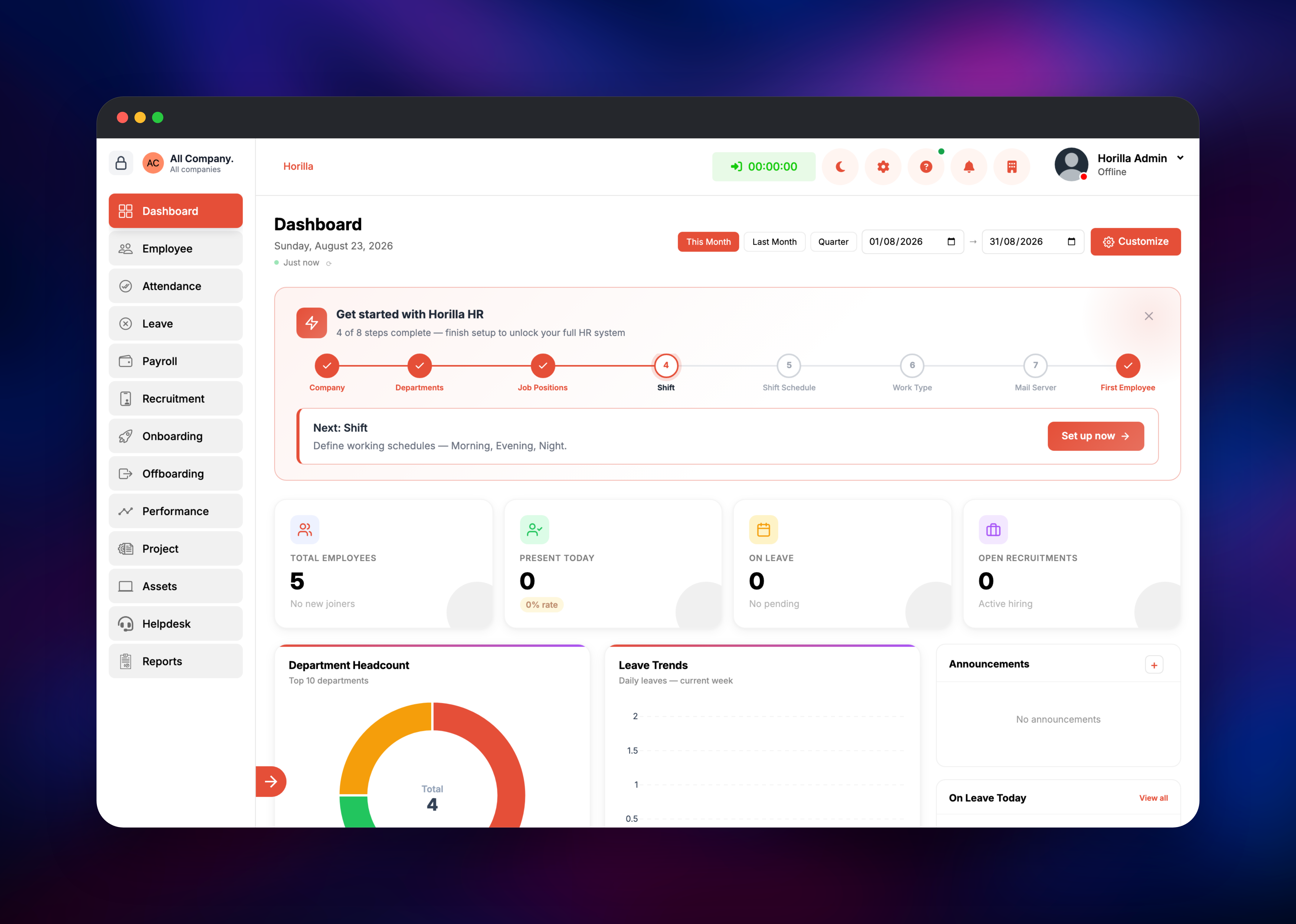 Horilla HR dashboard with headcount and setup progress