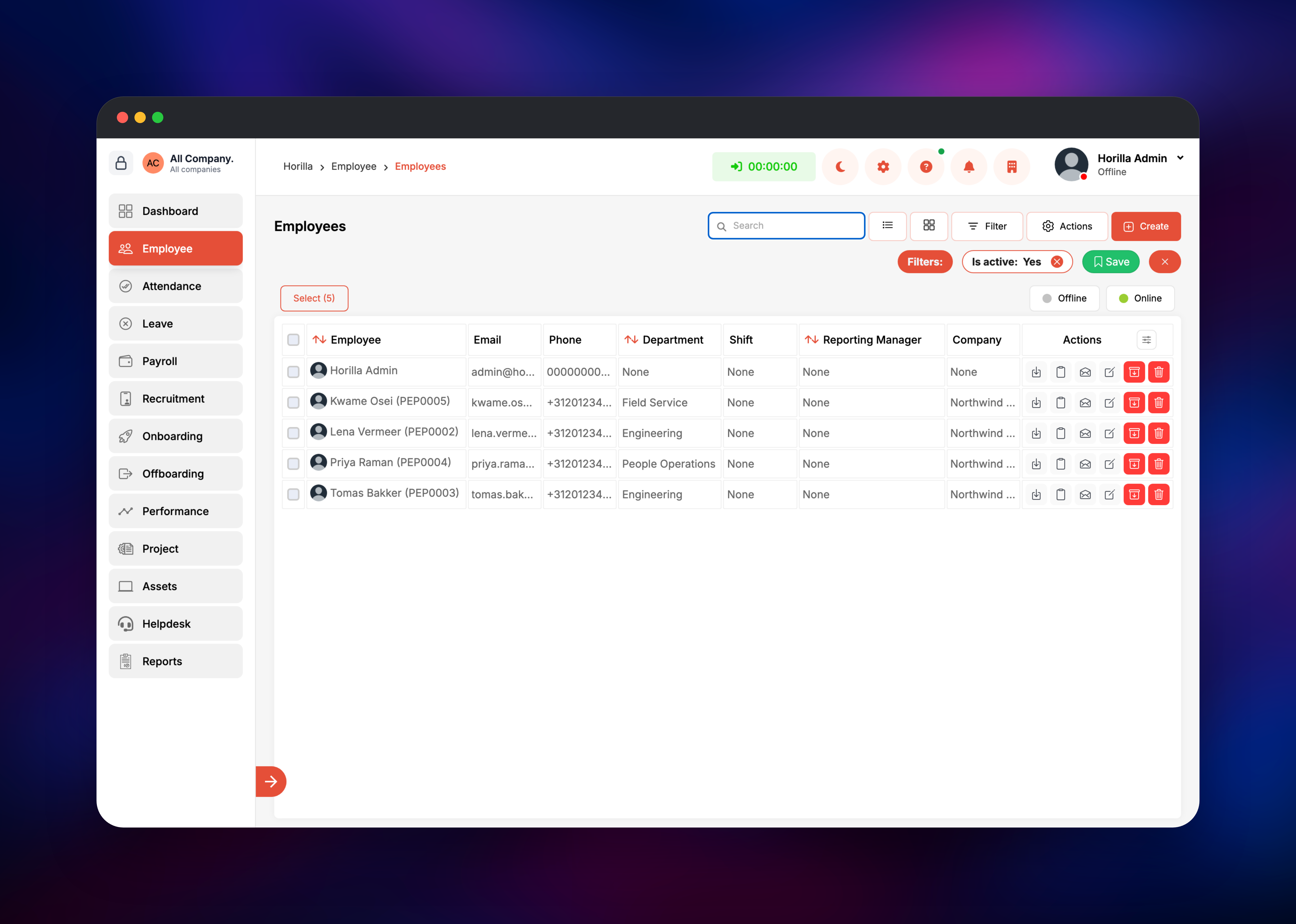 Horilla employee directory listing staff by department