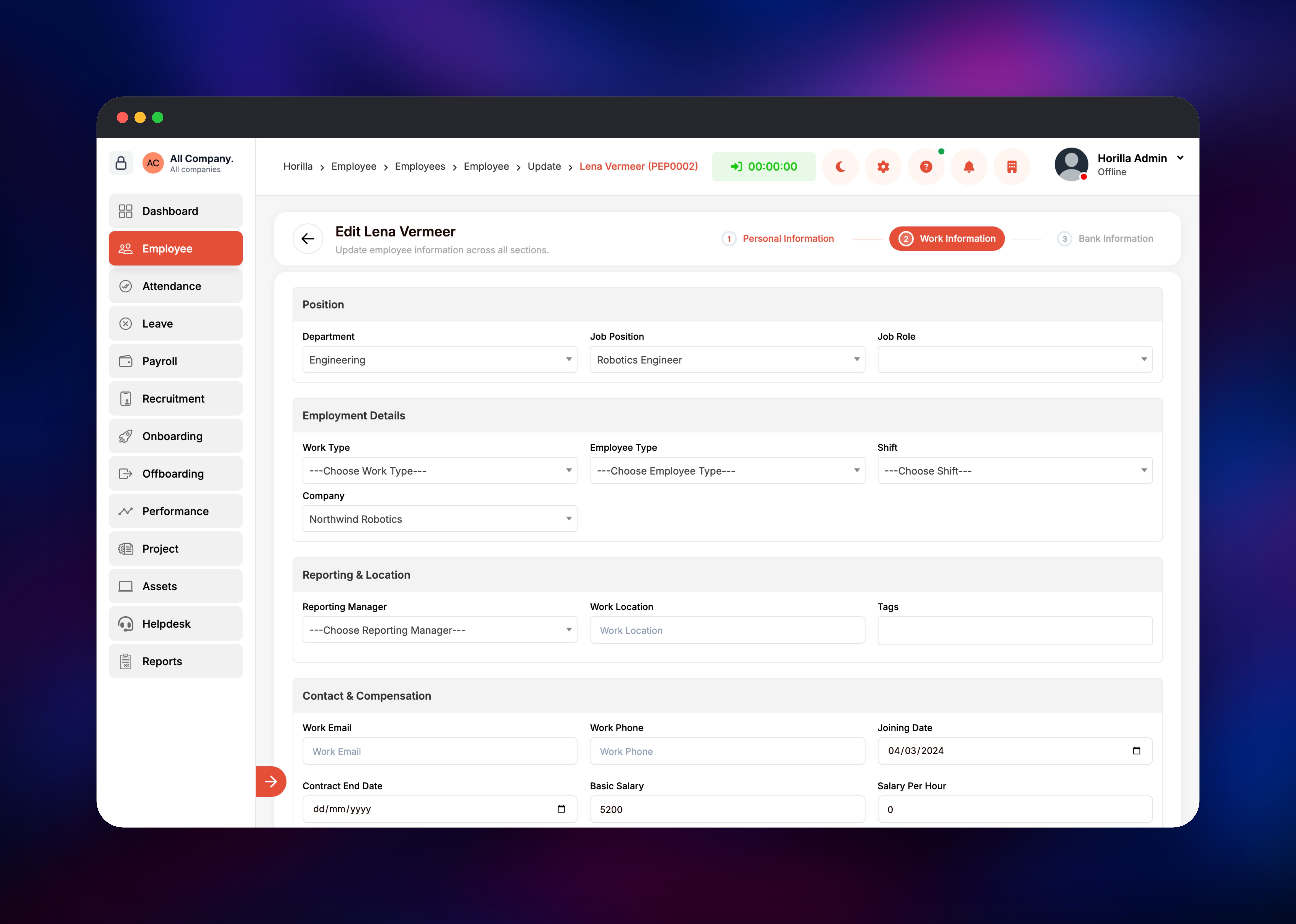 Horilla work information form for an engineering employee