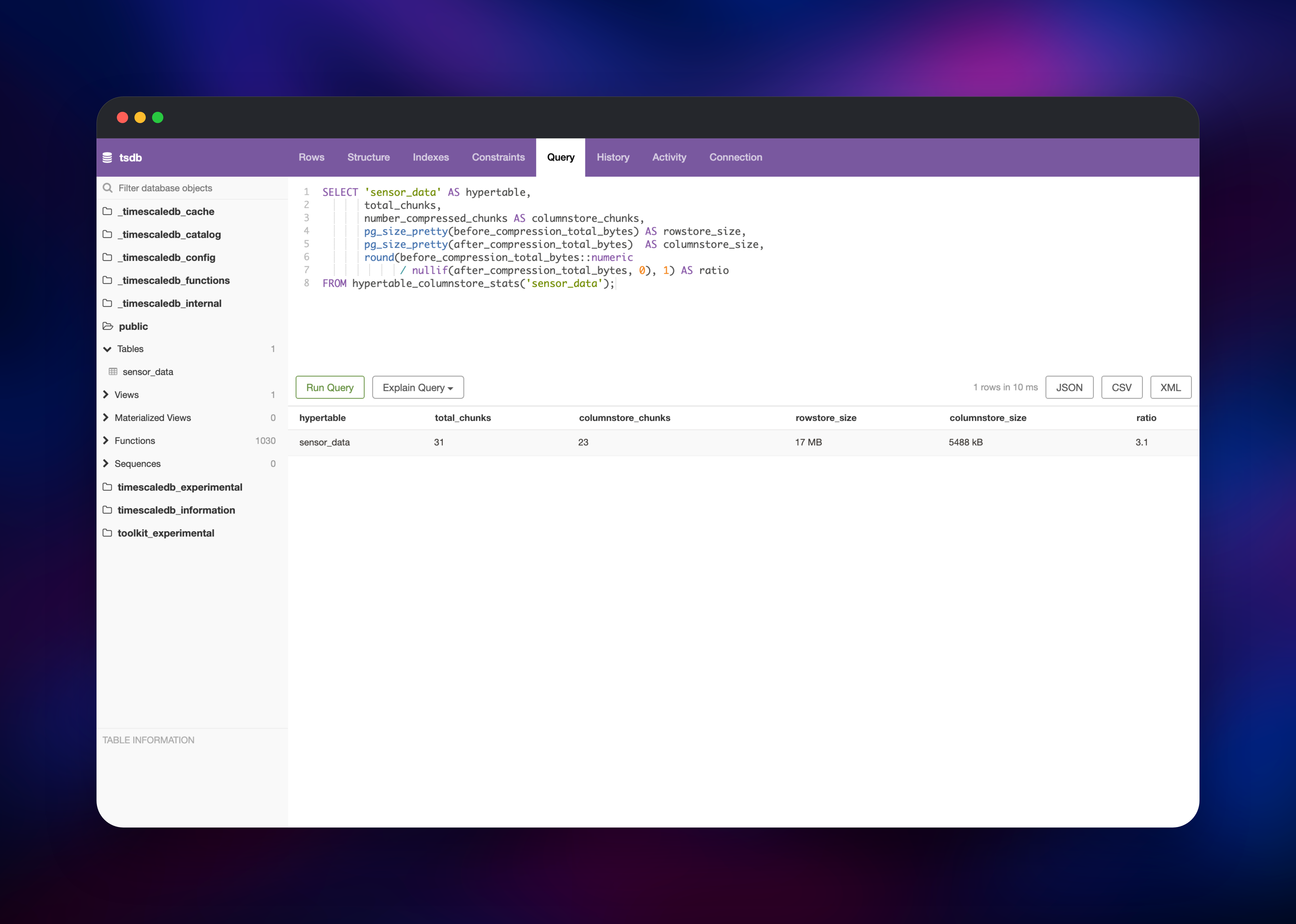Columnstore compression shrinking 31 chunks from 17 MB