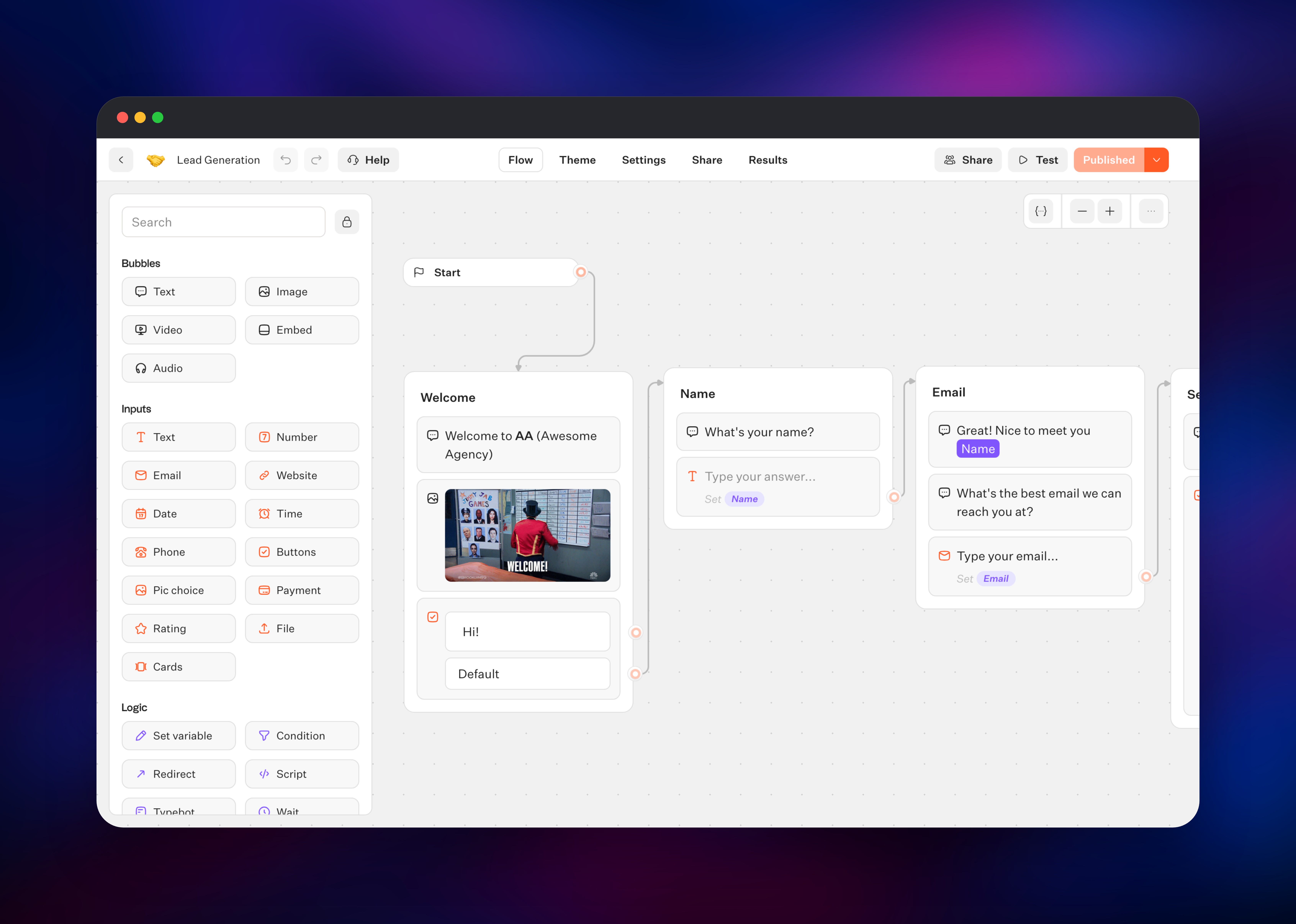Typebot flow editor showing a lead generation conversation