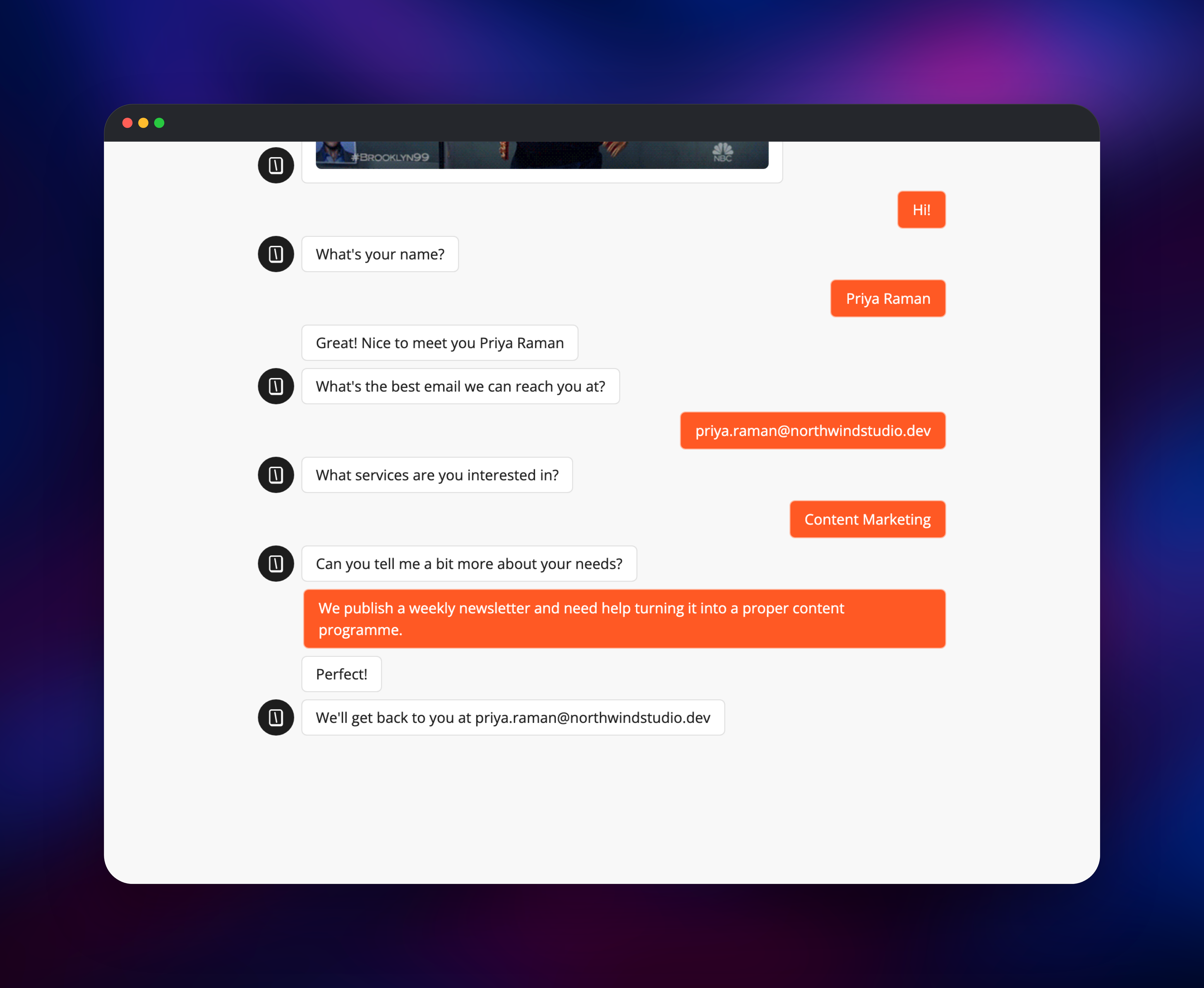 Published Typebot chat collecting a name, email and enquiry