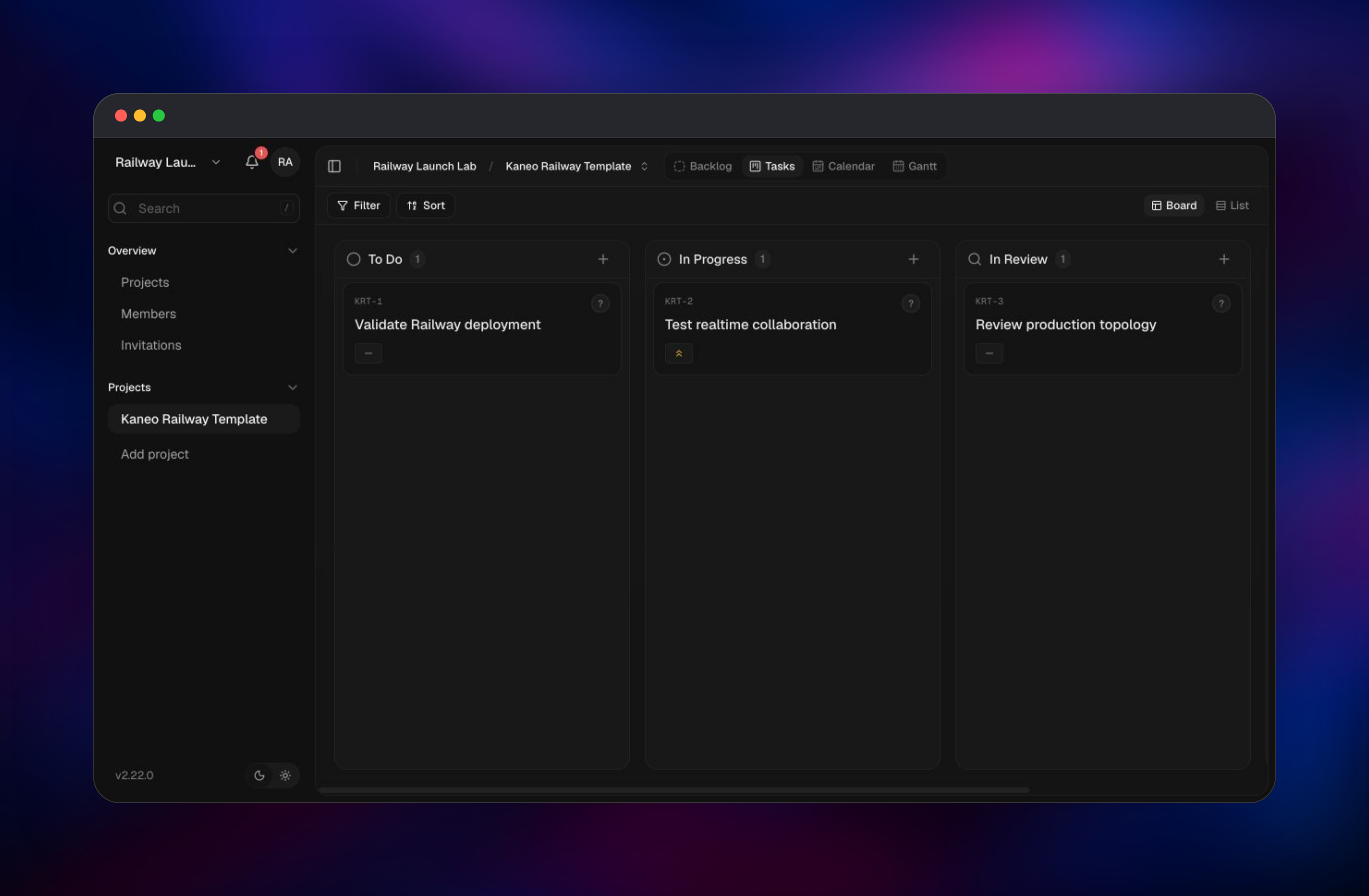 Kaneo project board with tasks across multiple workflow stages