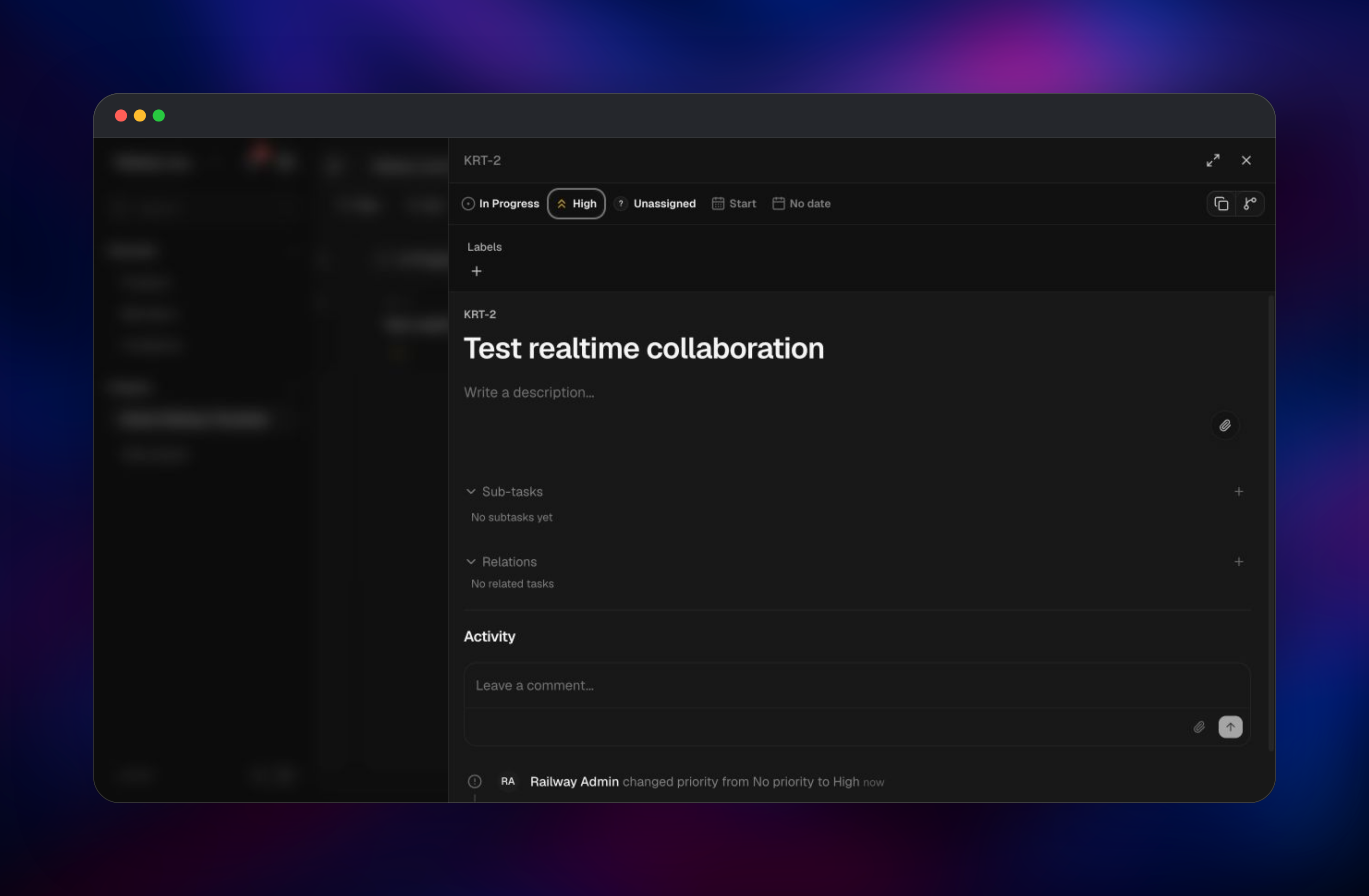 Kaneo task detail with high priority and activity history