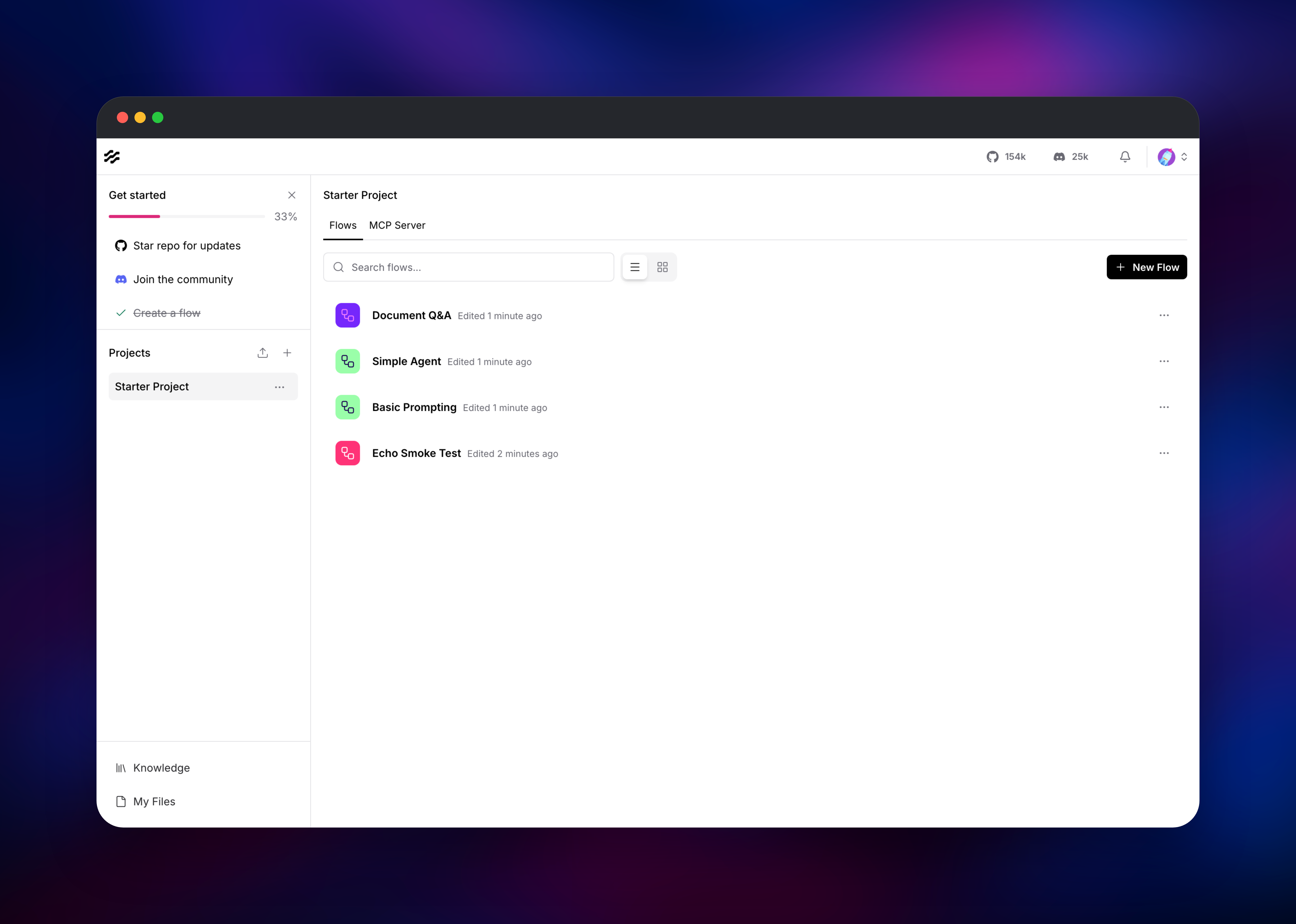 Langflow workspace listing four saved agent flows