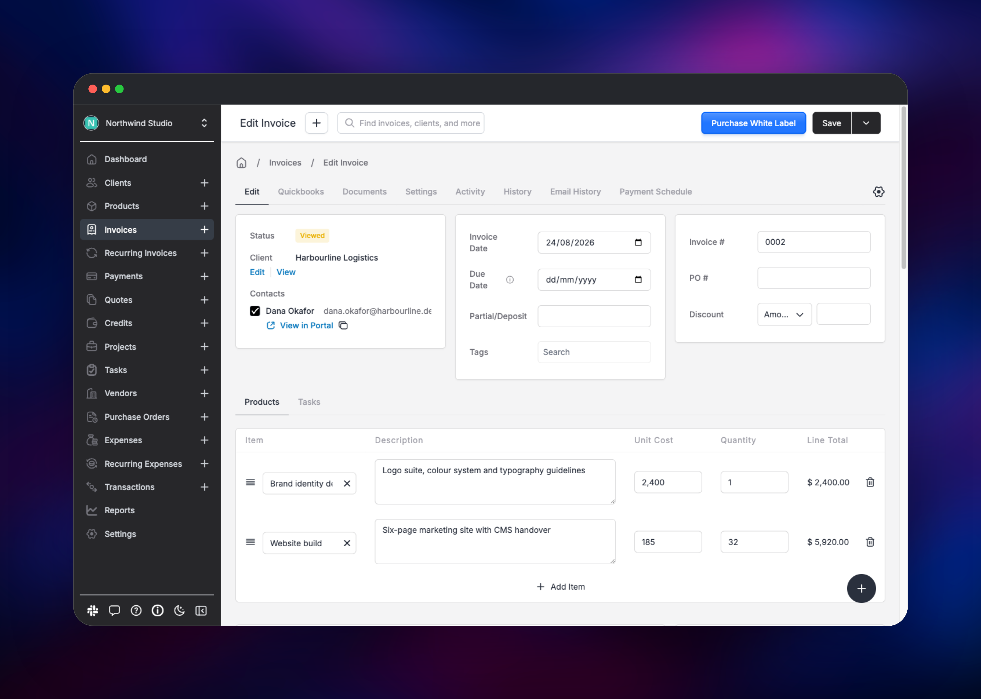 Invoice Ninja editor with two billable line items