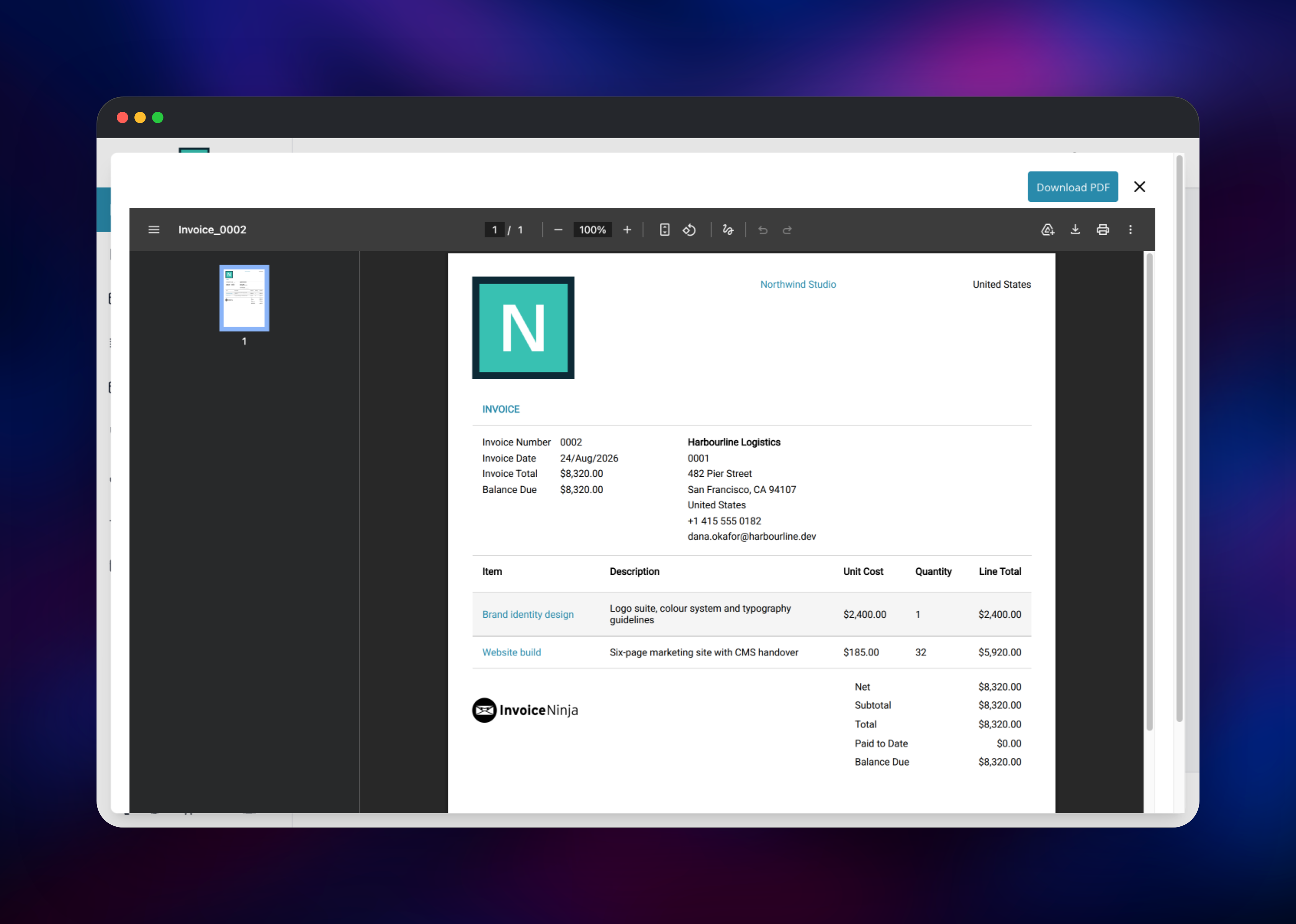 Generated invoice PDF opened in the client portal