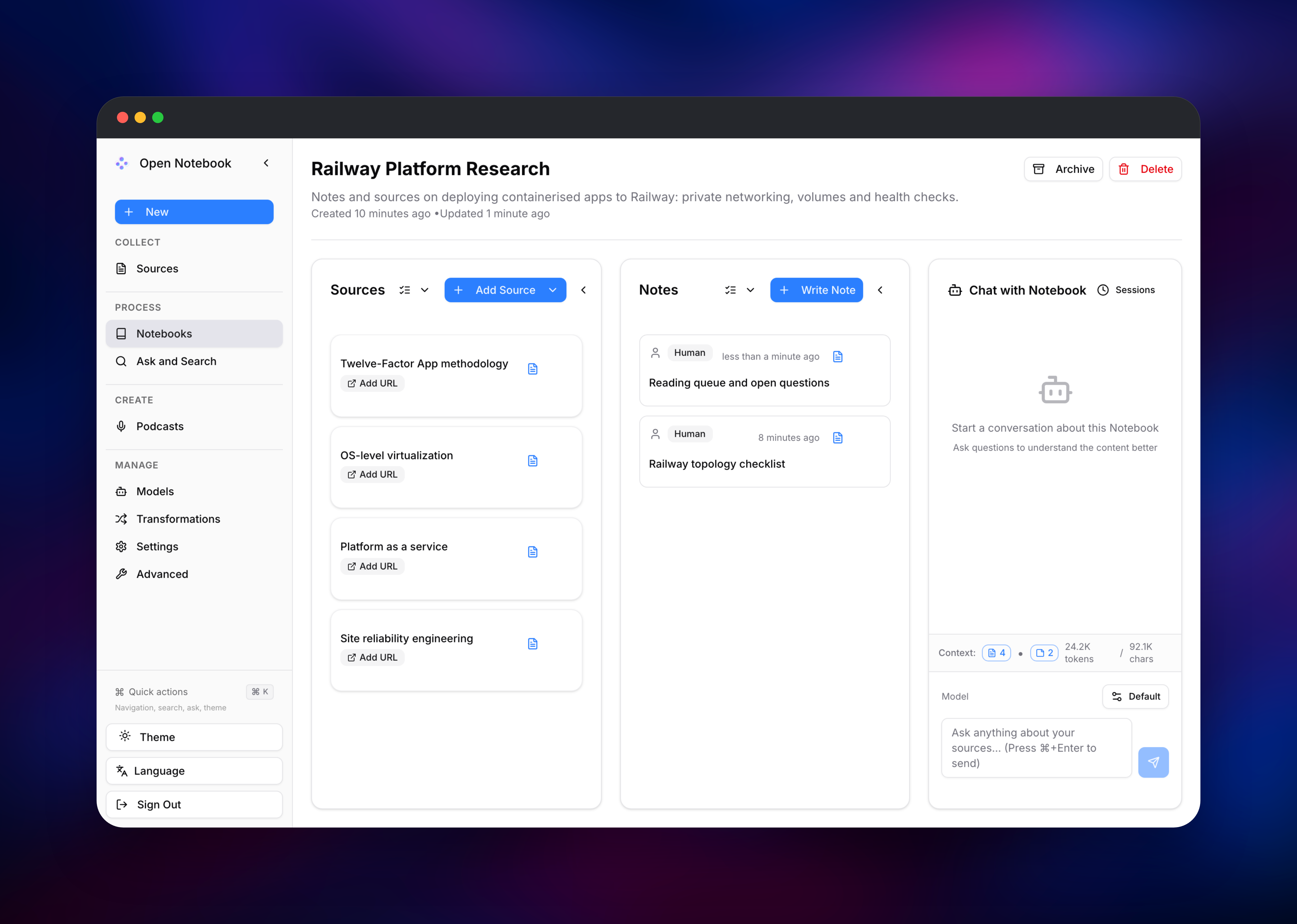 Open Notebook research workspace with four sources and two notes
