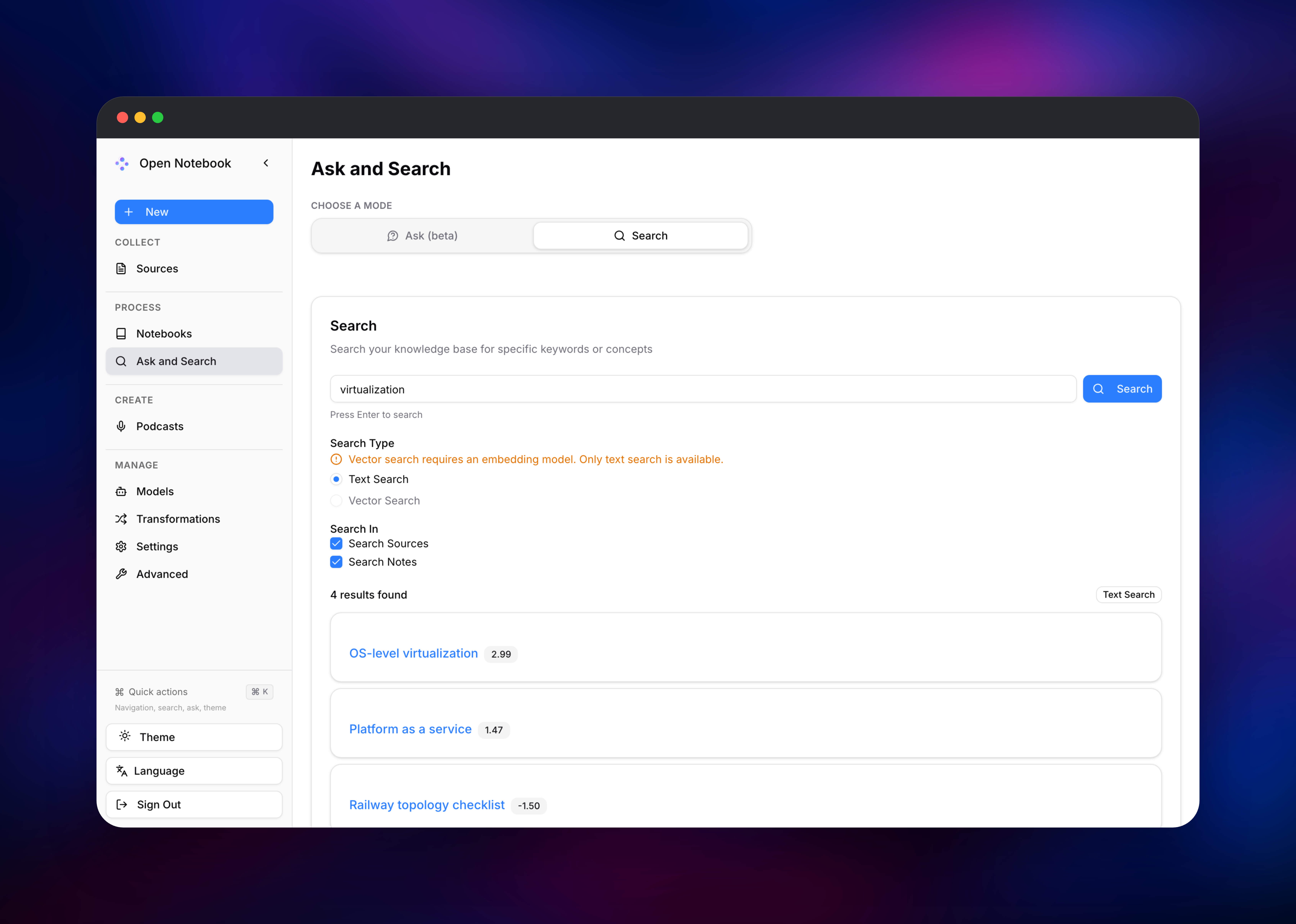 Ranked full-text search results across sources and notes