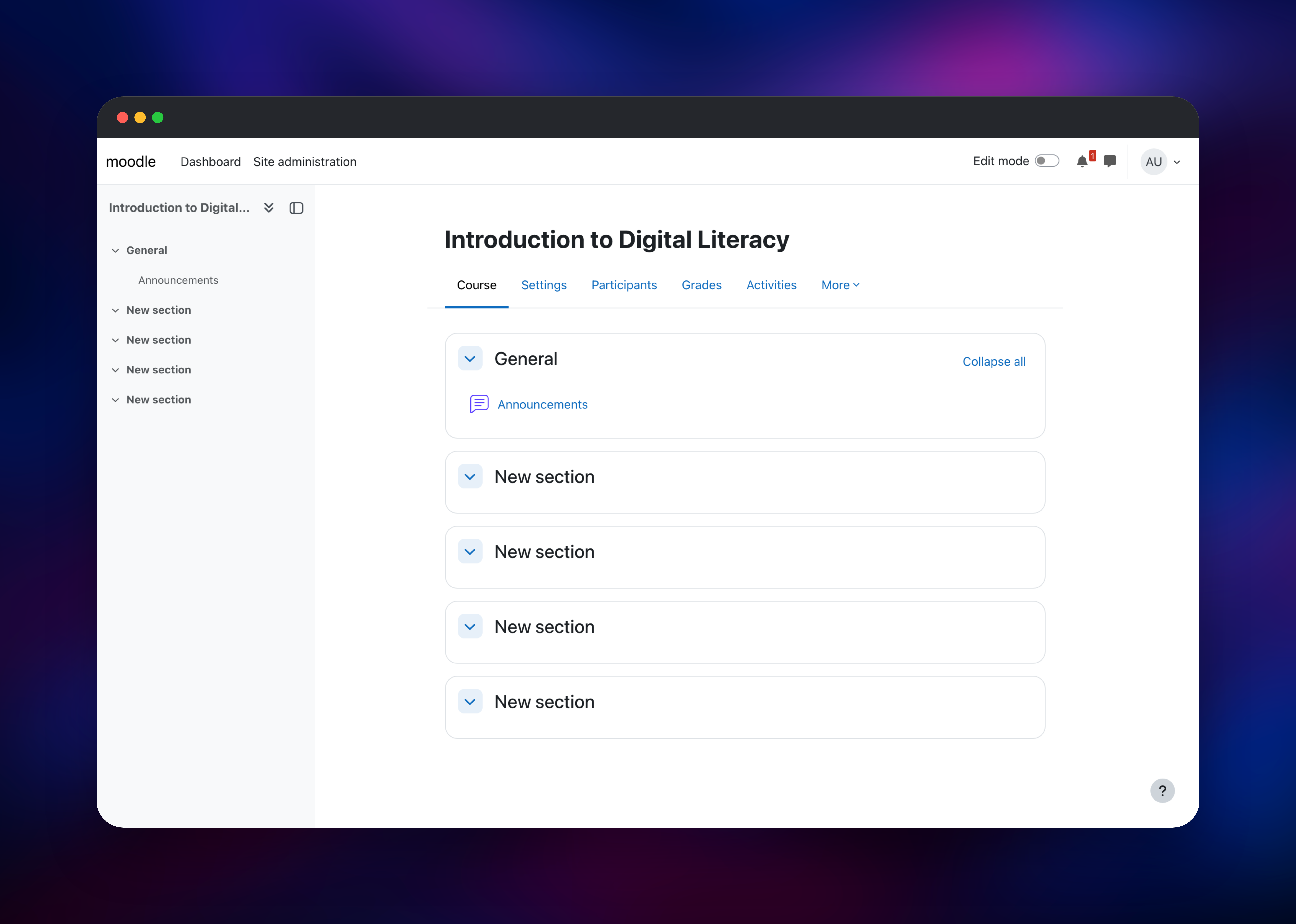 Moodle course page listing sections and the announcements forum