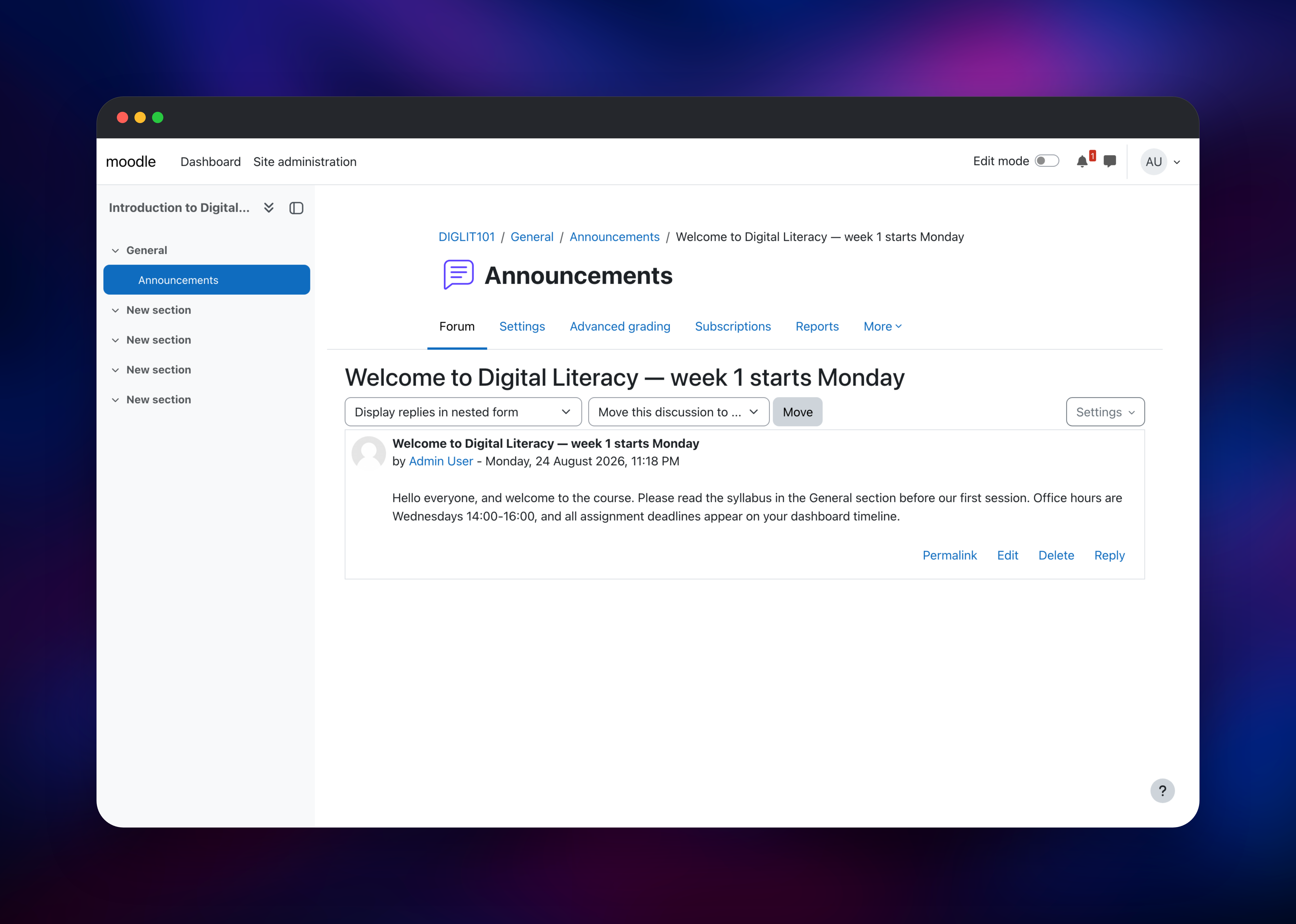 Forum discussion showing a posted course announcement