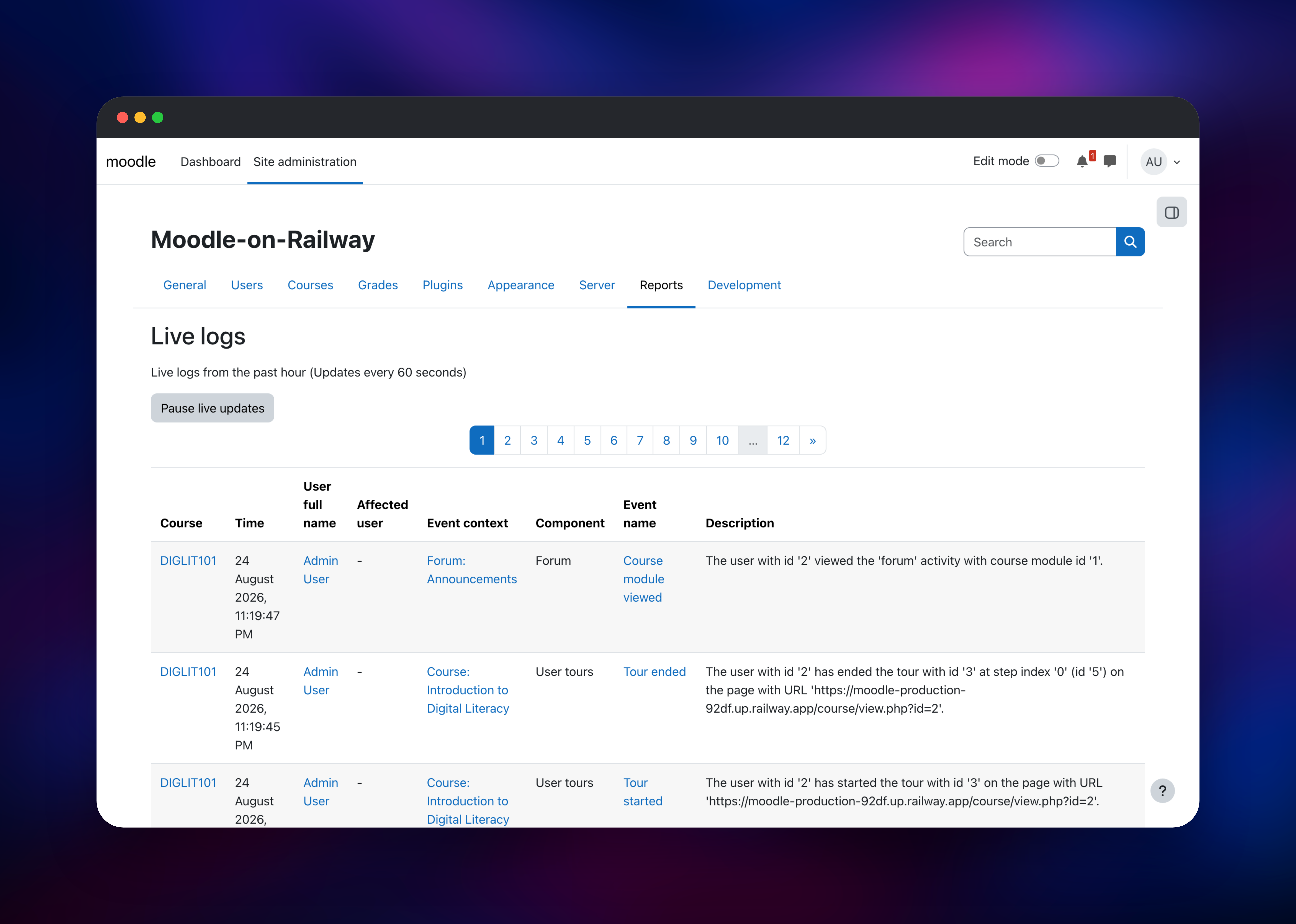 Moodle live logs report listing recorded site events