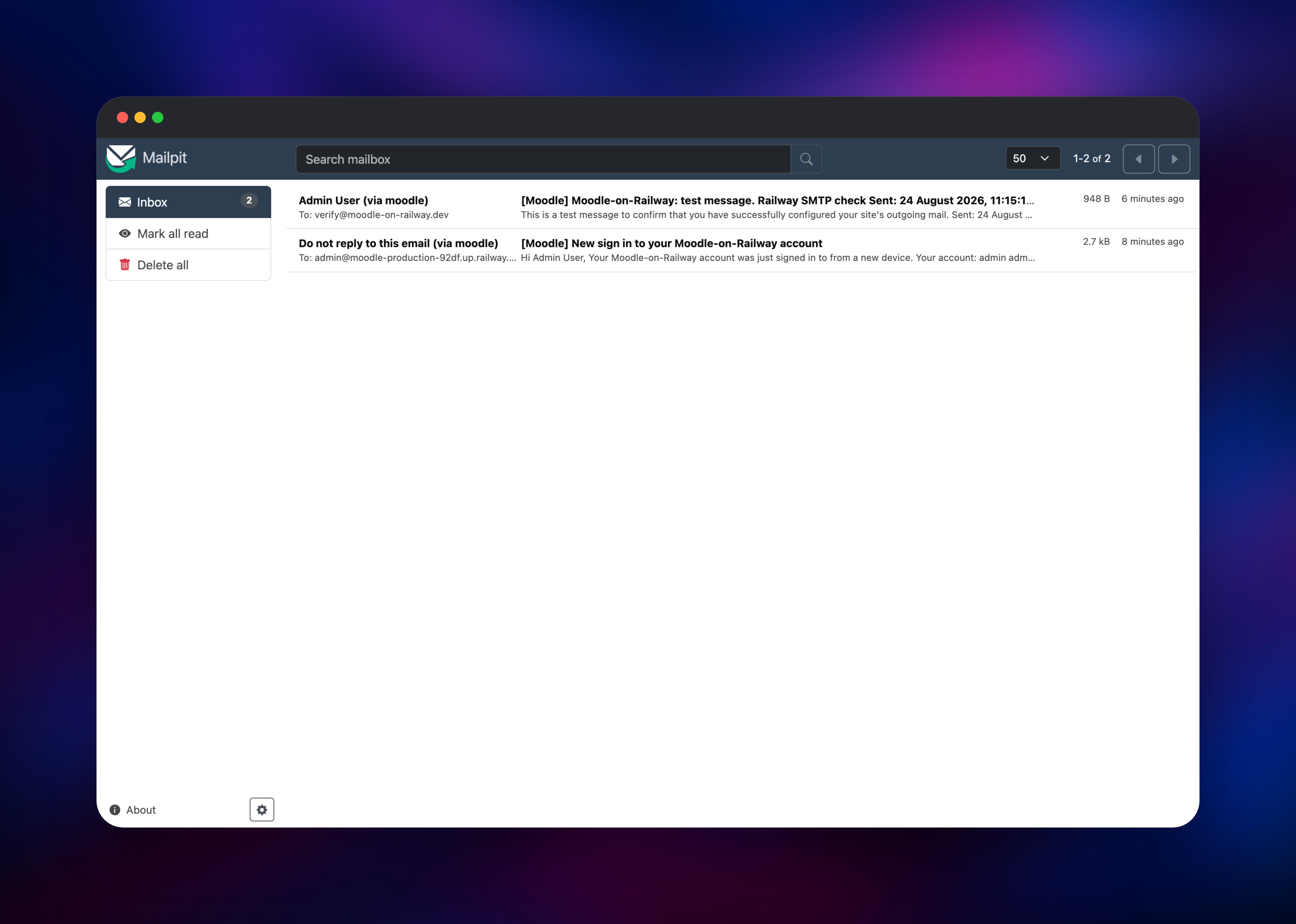 Mailpit inbox holding two messages sent by Moodle