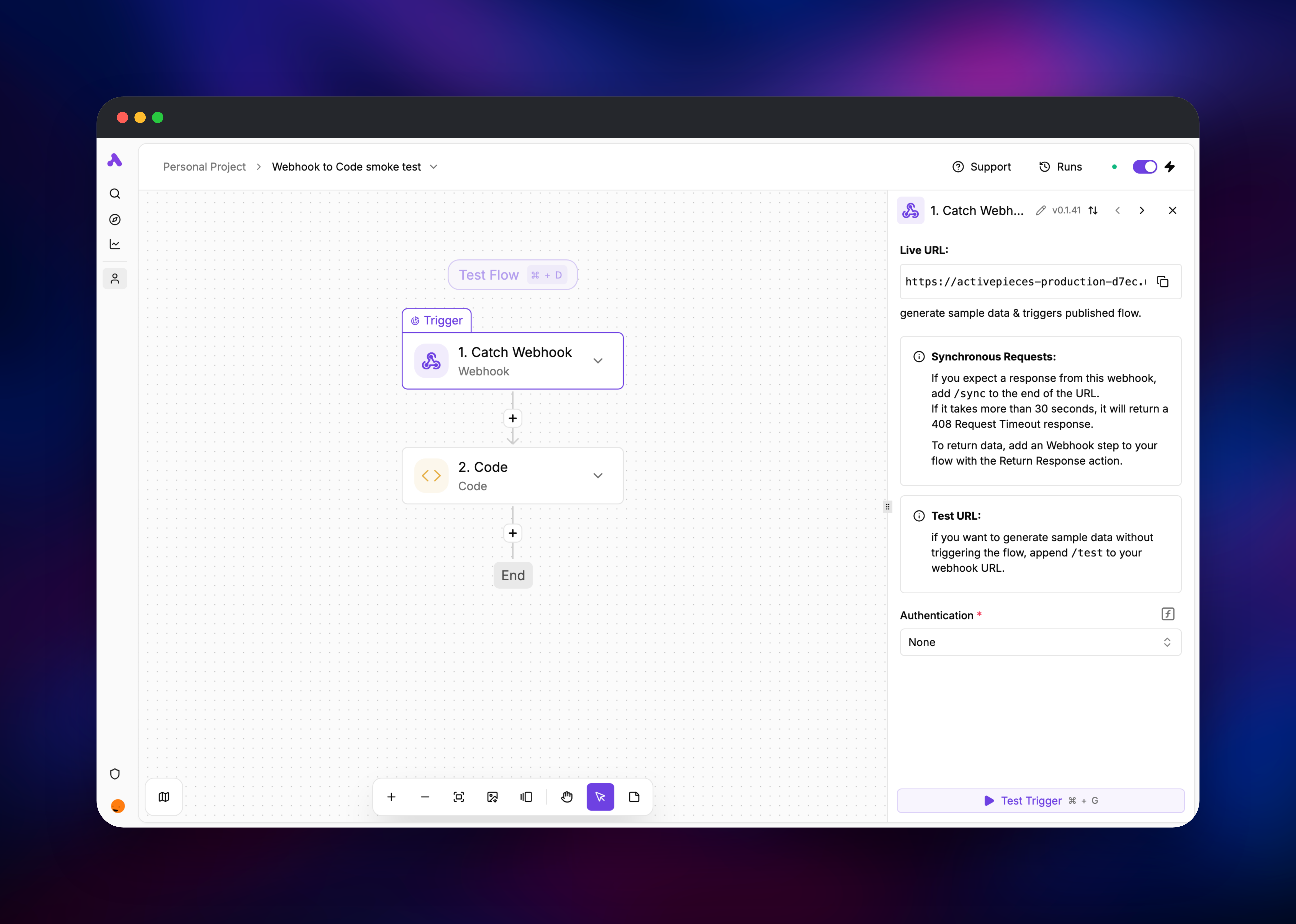 Activepieces flow builder showing a webhook trigger into a code step