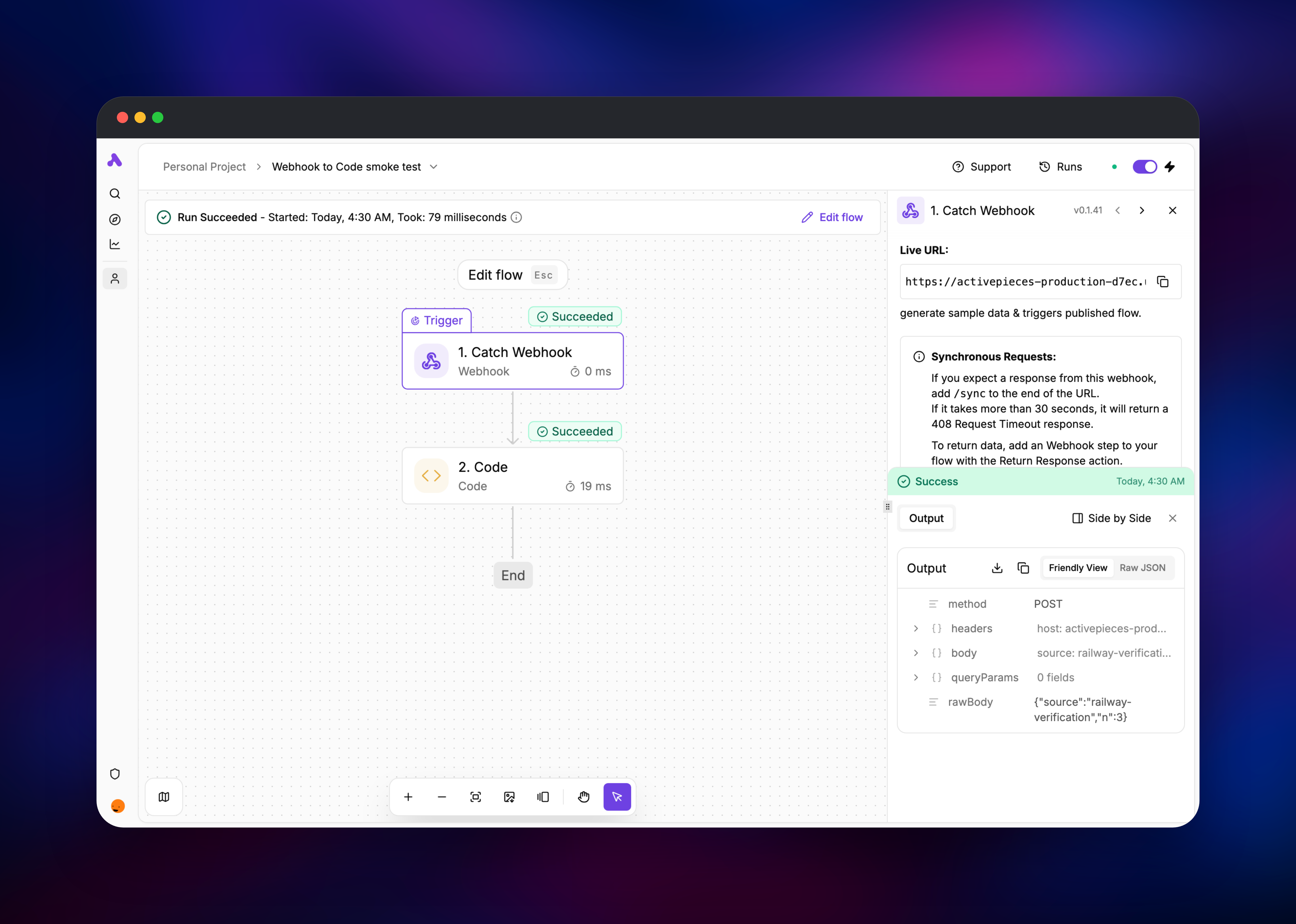 Successful Activepieces flow run with the webhook payload expanded