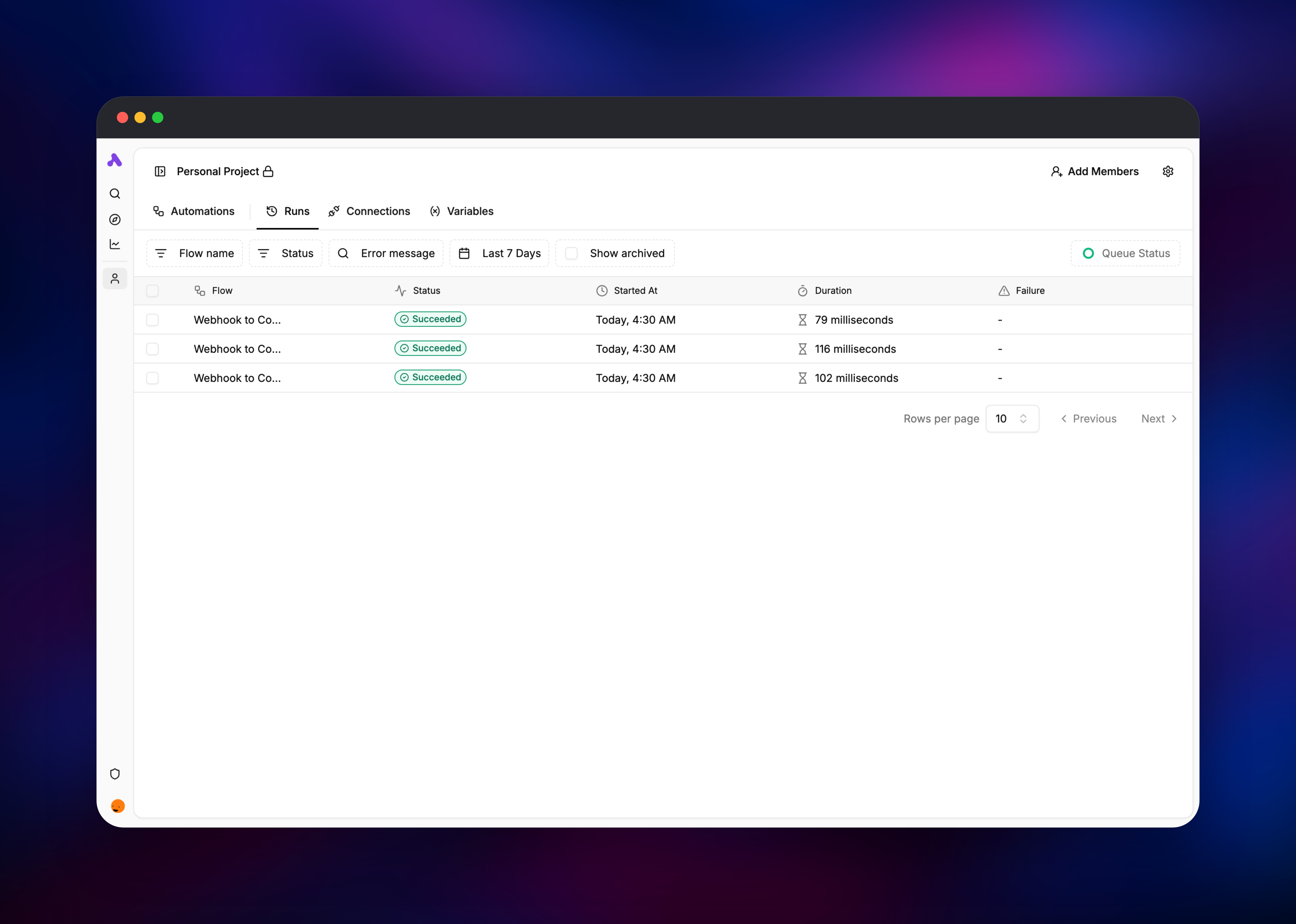 Activepieces runs list with three succeeded webhook executions