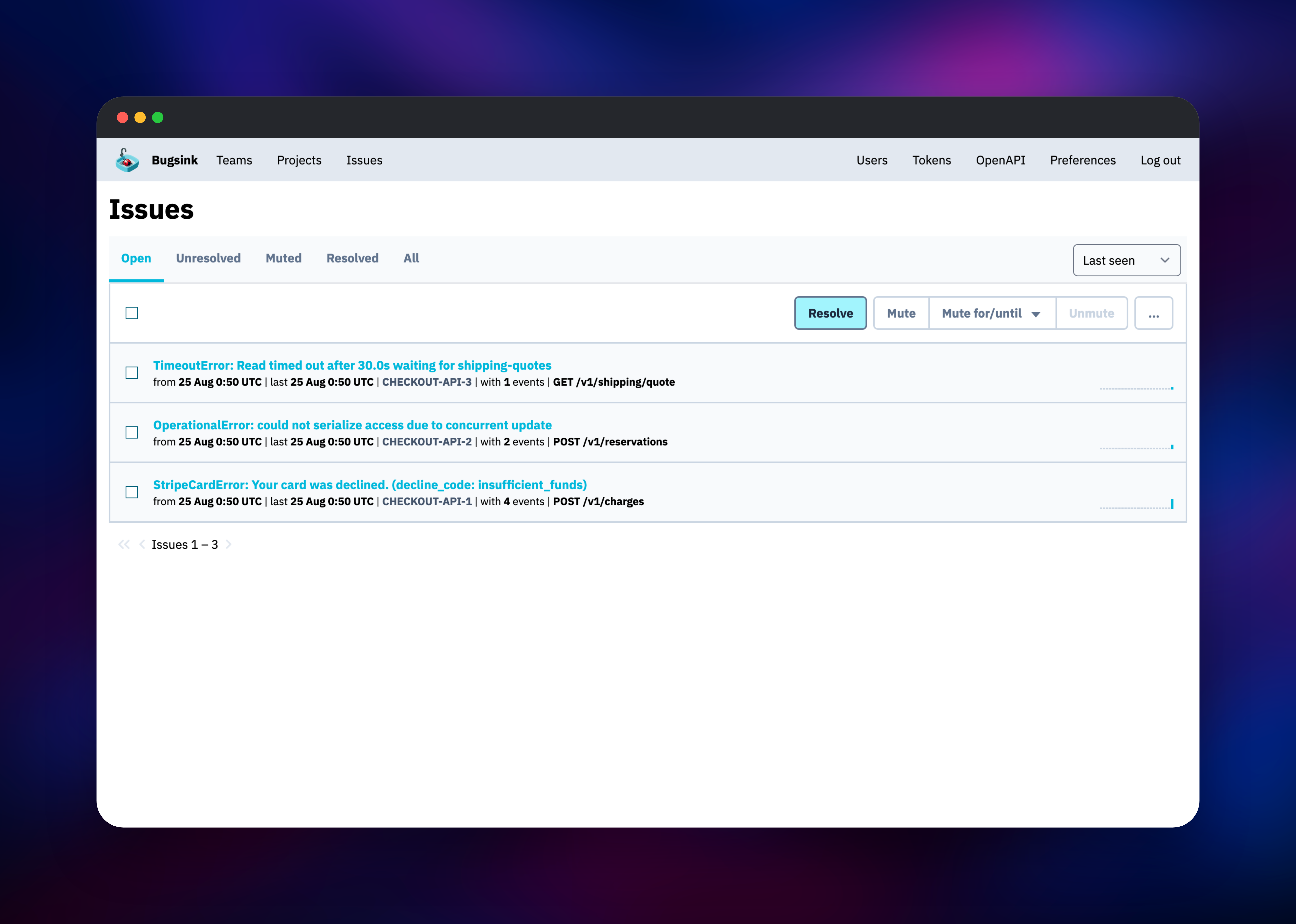 Bugsink issue list grouping seven checkout-api errors