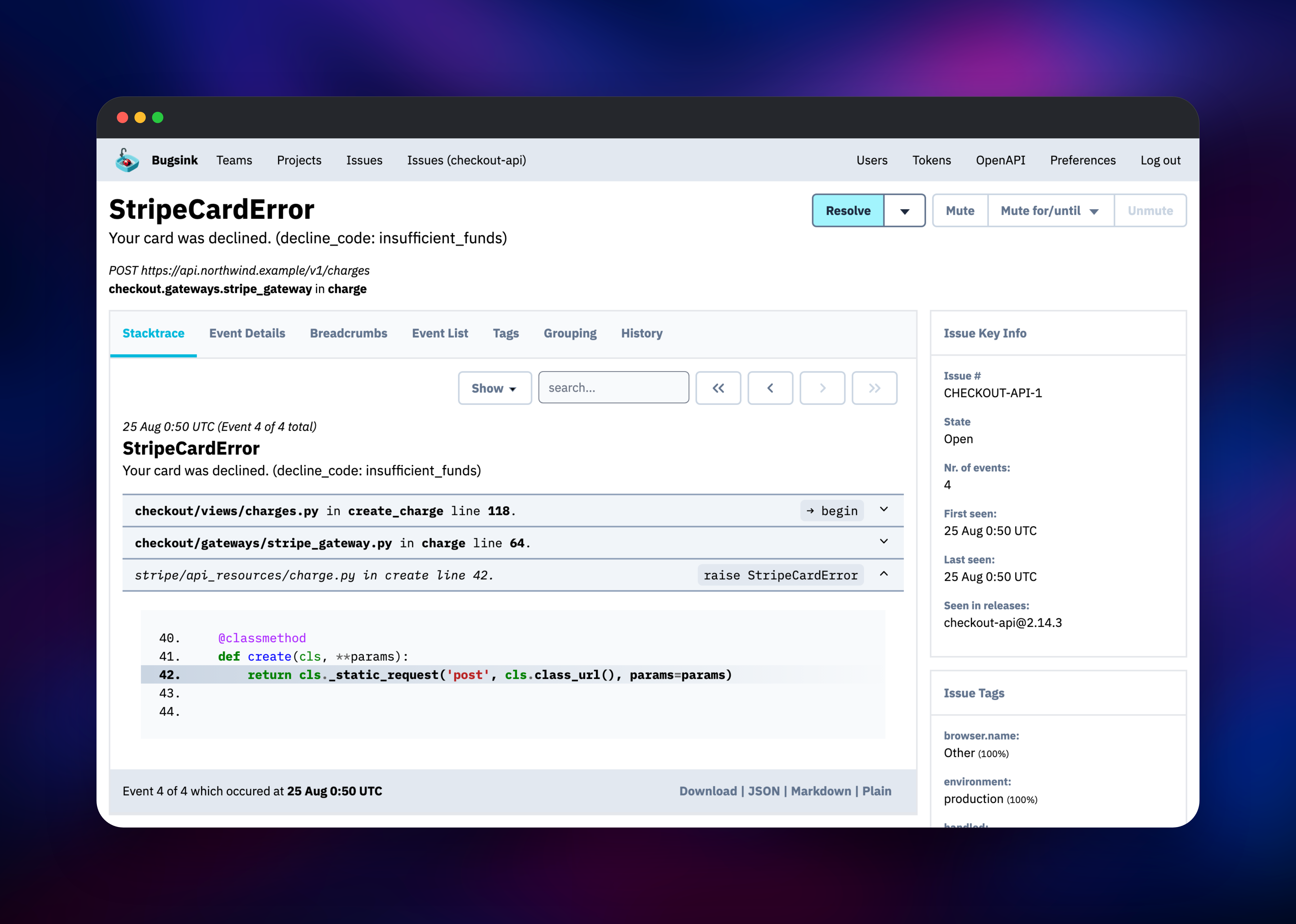 Bugsink stacktrace with Python source context and issue metadata