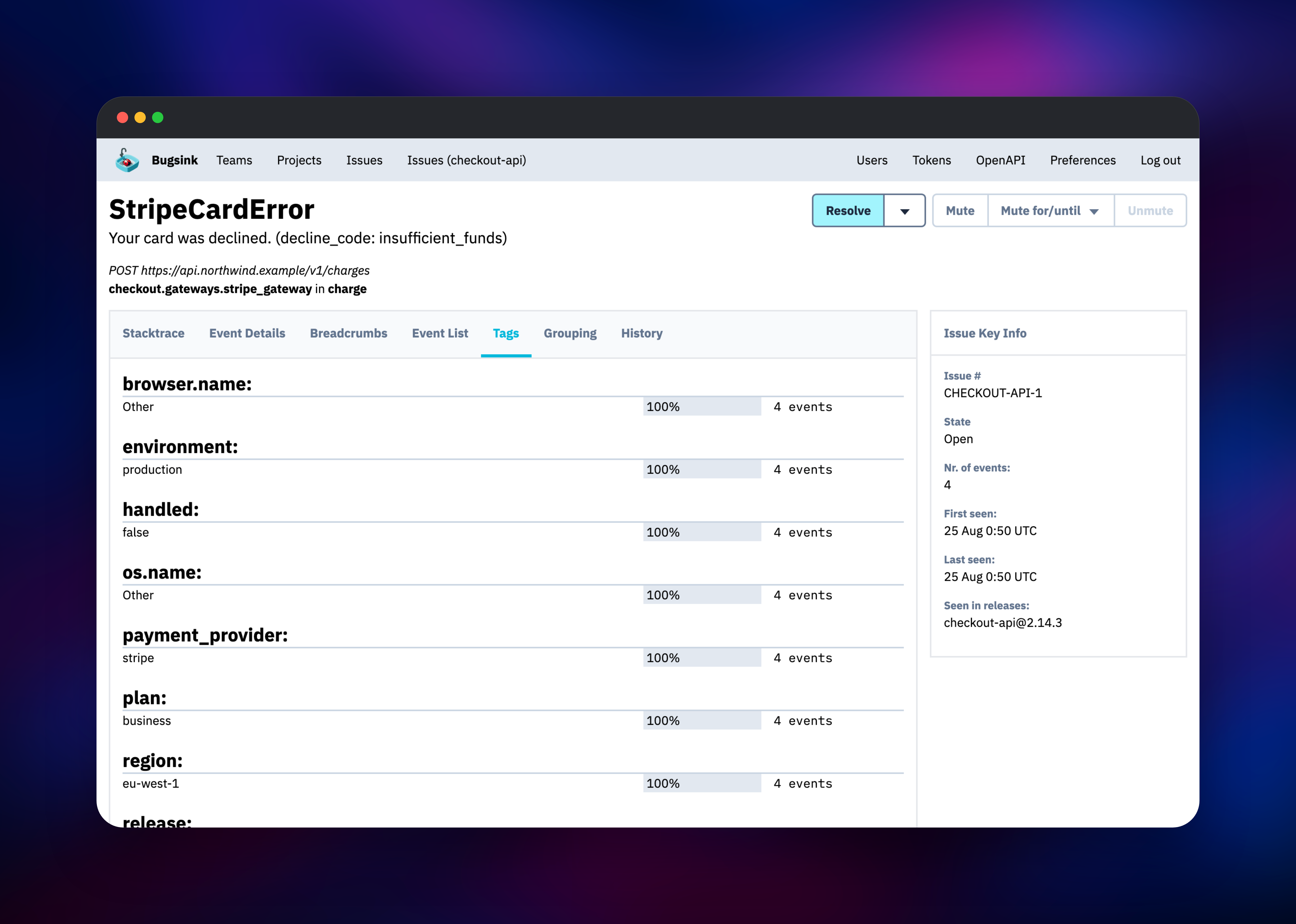 Bugsink tag breakdown showing payment provider and region