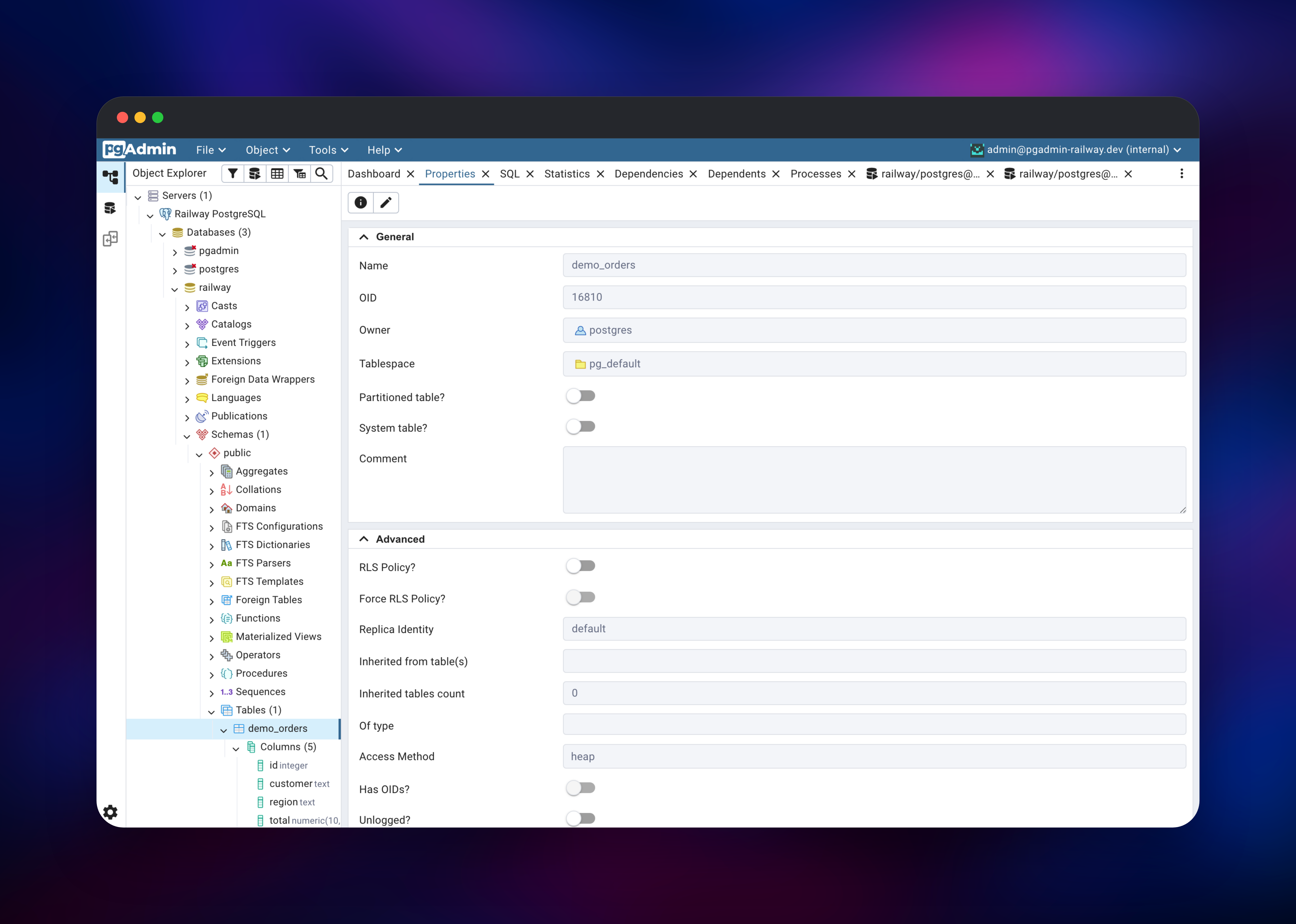 pgAdmin properties panel for a demo orders table